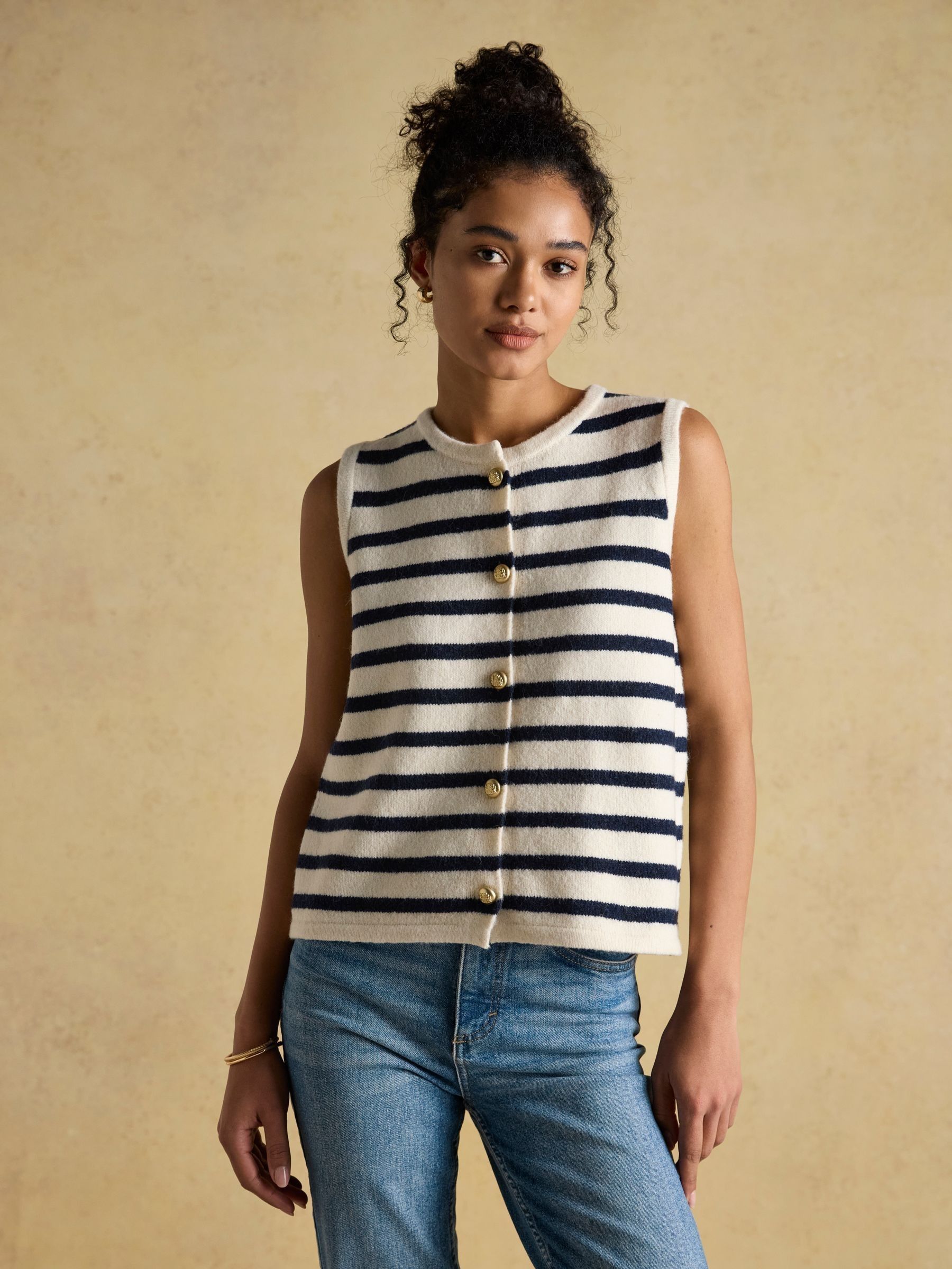 Holly Cream & Navy Button Through Knitted Vest