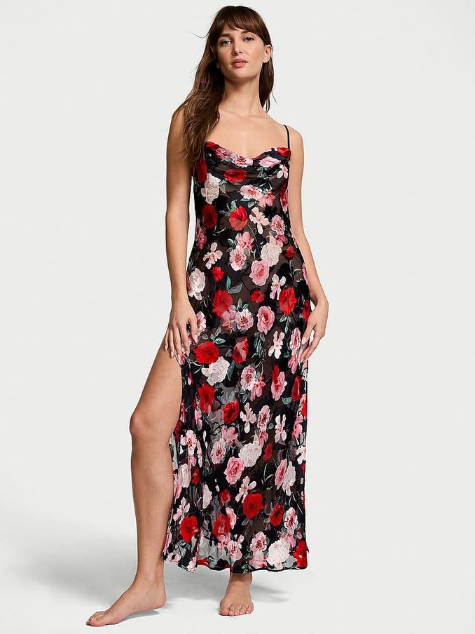 Black Floral Atelier Burnout Satin Plunge Dress (AR2187) | £169