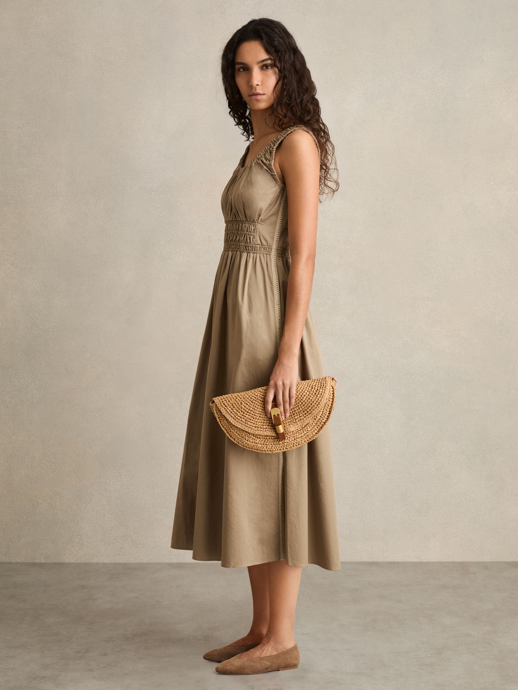 Cotton Craft-Stitch Shirred Midi Dress in Khaki (AR3933) | £158