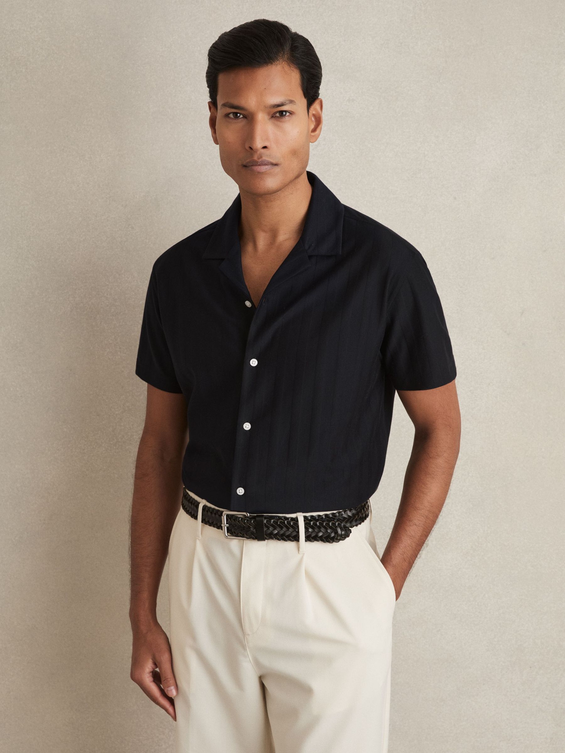 Cotton Textured Cuban-Collar Shirt in Navy (AR6479) | £68