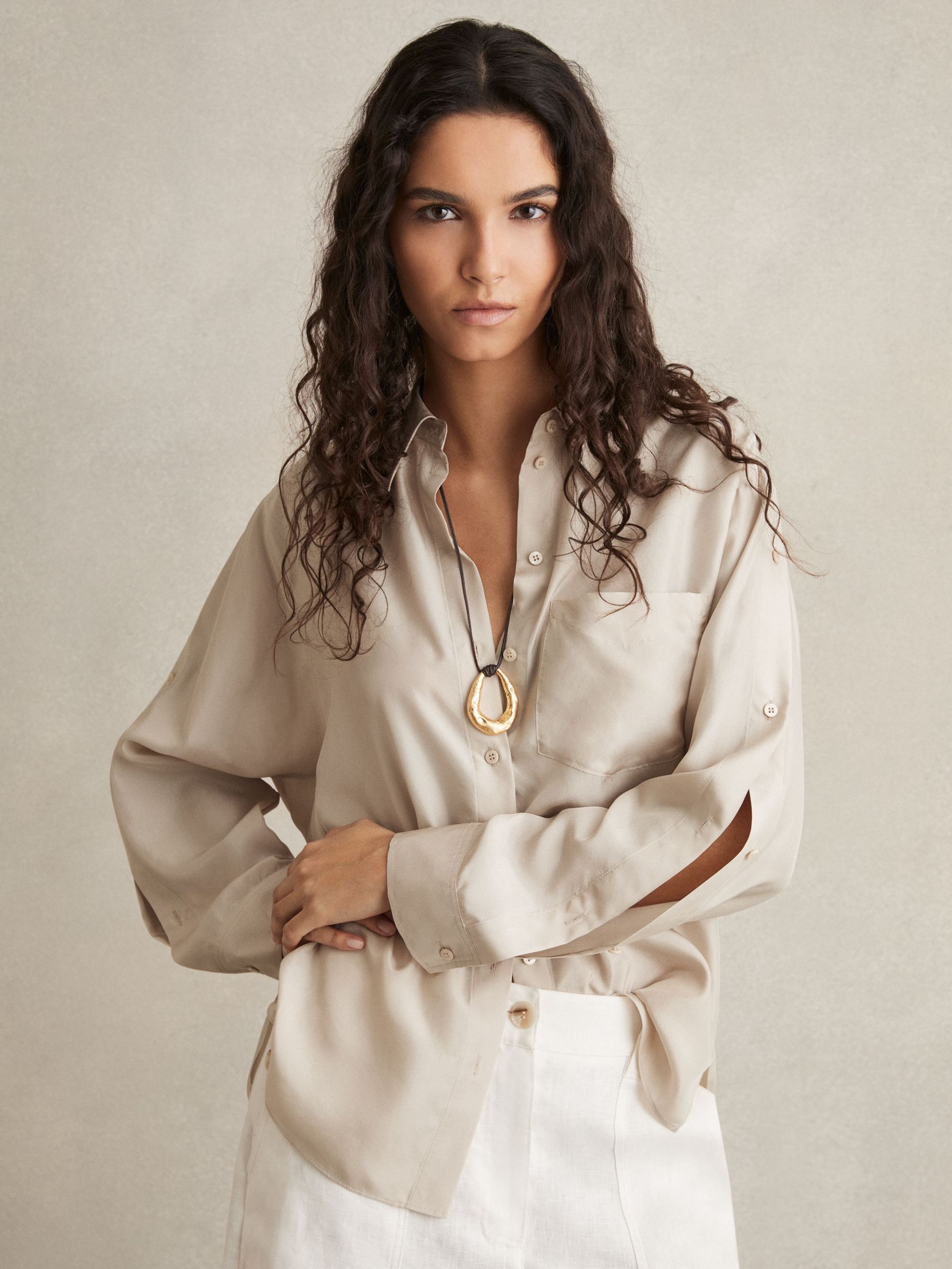 Silk Button Sleeve Shirt in Stone (AR6543) | £198