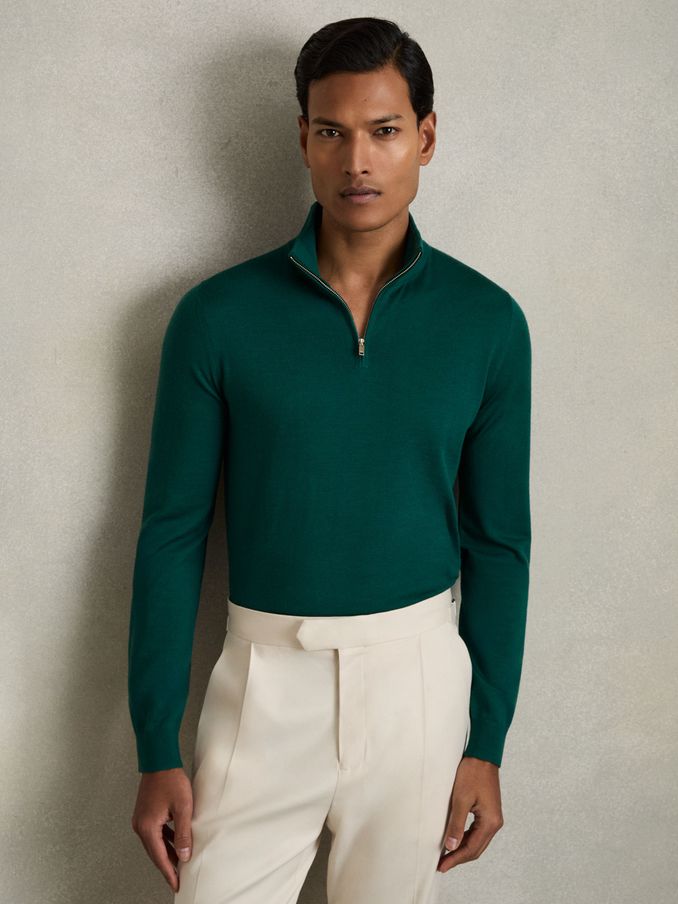 Merino Wool Half-Zip Funnel Neck Jumper in Opal Green (AR9369) | £48