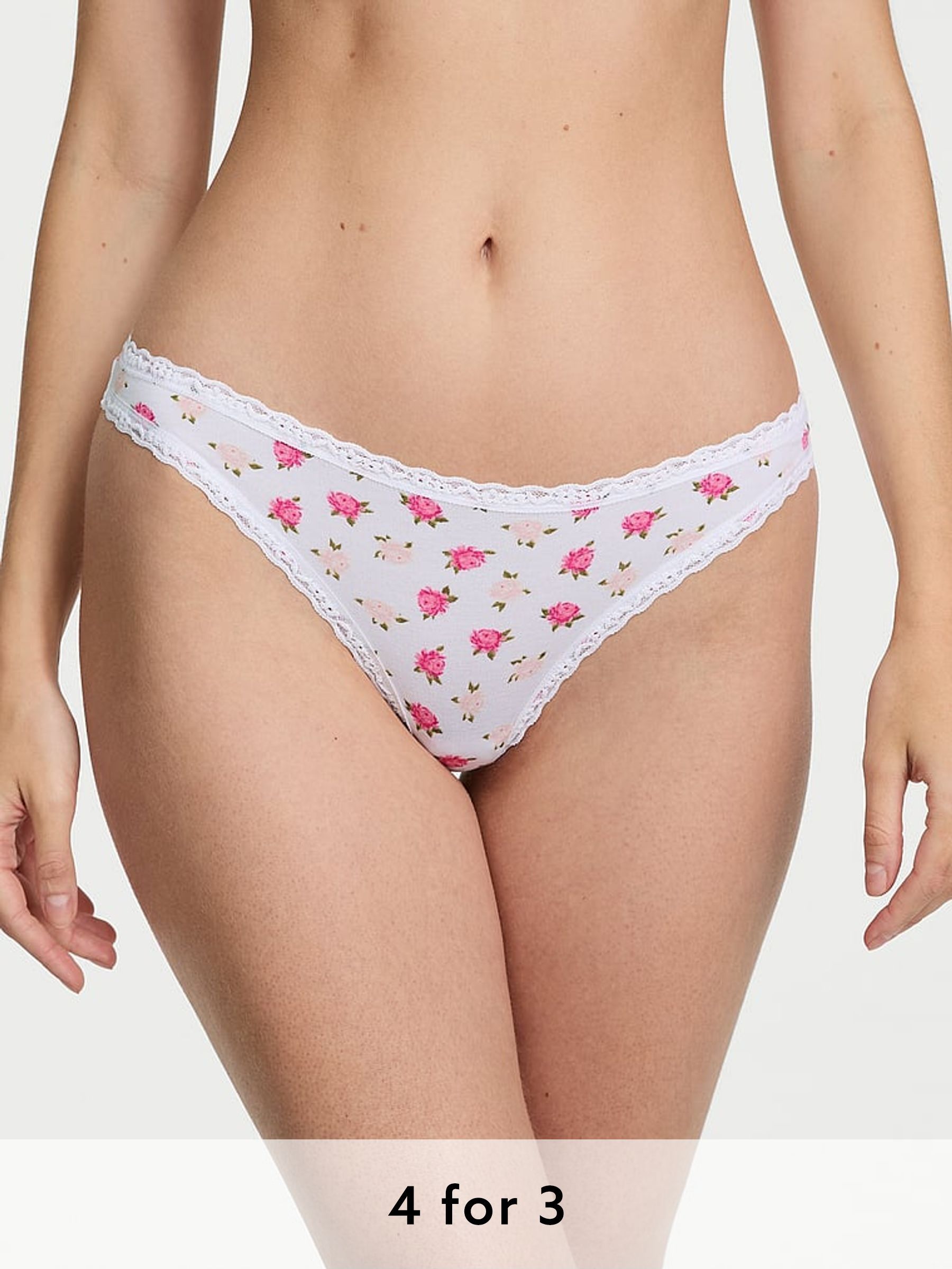 White Soft Peonies Thong Cotton Lace Waist Knickers (AR9431) | £9