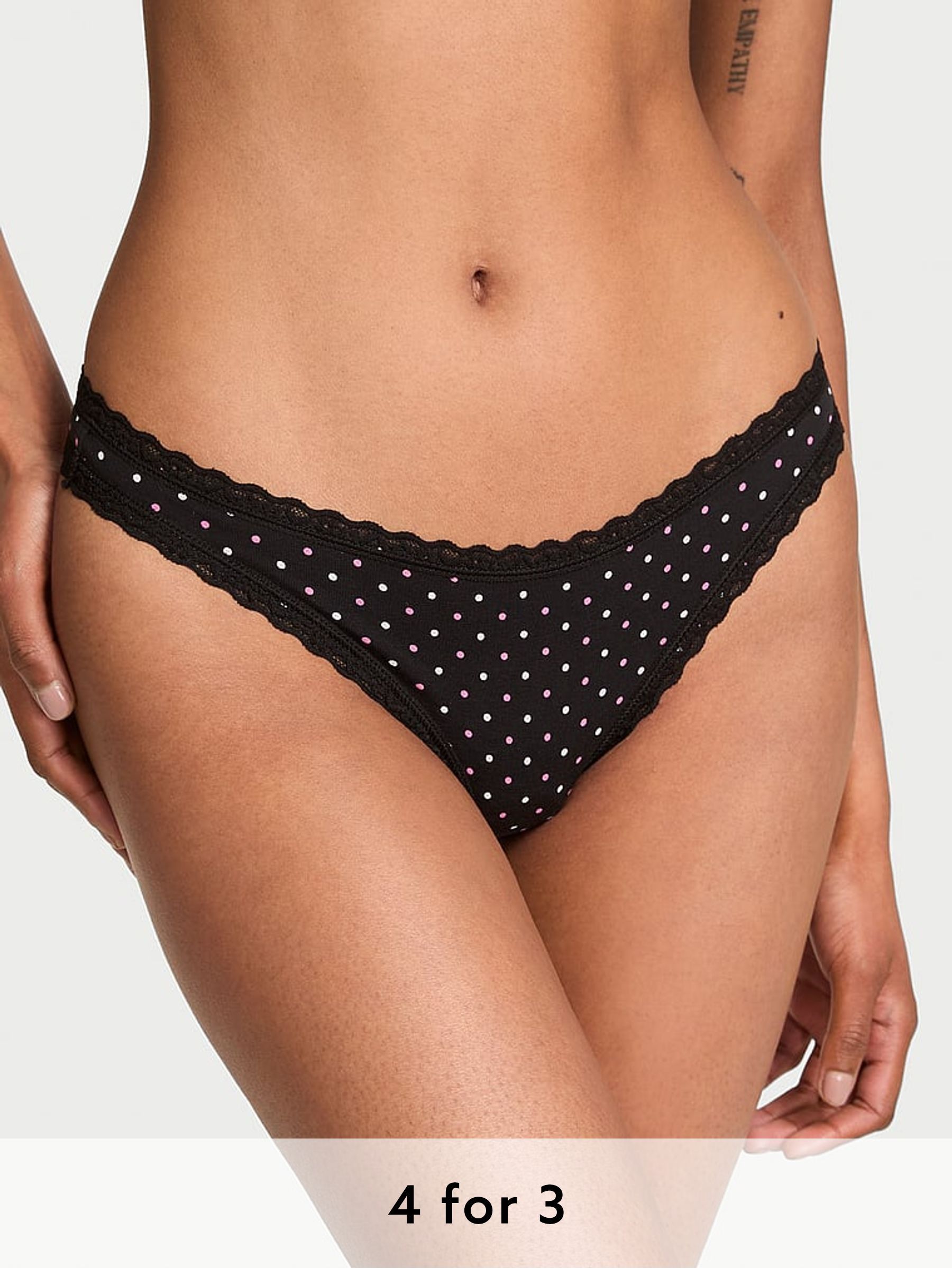 Black Multicolour Dot Thong Cotton Lace Waist Knickers (AR9442) | £9