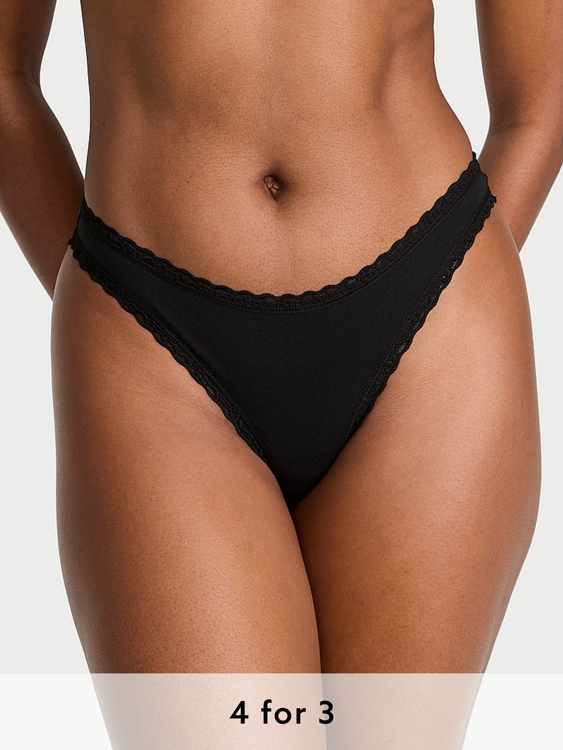 Black Thong Cotton Lace Waist Knickers (AR9445) | £9