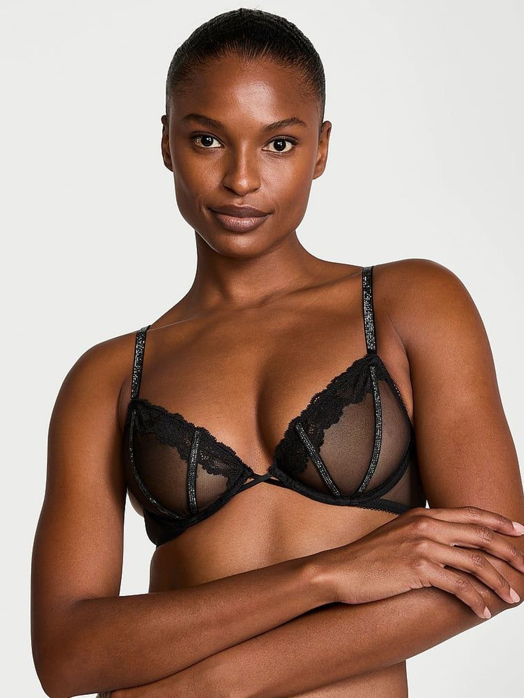 Black Unlined Demi Sheer Shine Lace Bra (AR9463) | £59