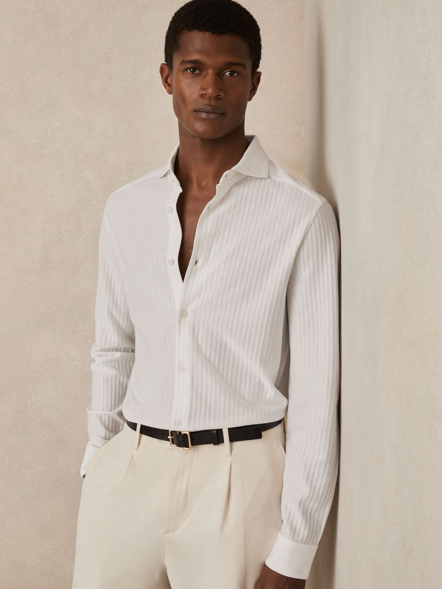 Cotton-Jersey Stripe-Jacquard Shirt in White (AR9587) | £88