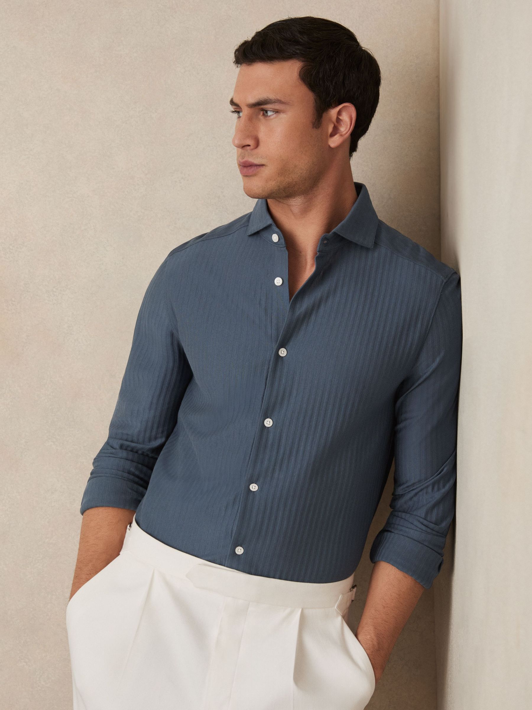 Cotton-Jersey Stripe-Jacquard Shirt in Airforce Blue (AR9611) | £88