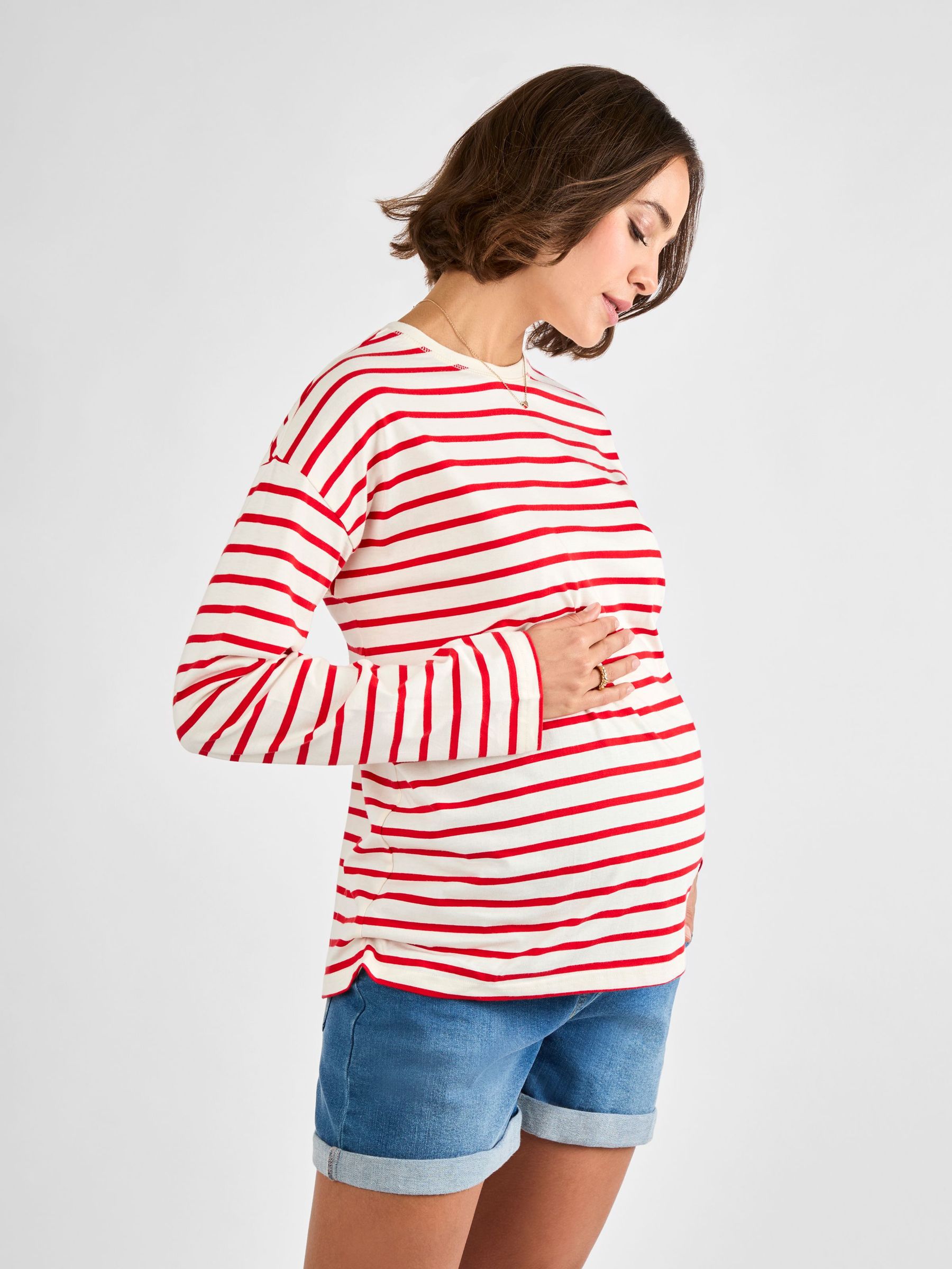 Red Stripe Long Sleeve Boyfriend Maternity T-Shirt (AT0006) | £19.50
