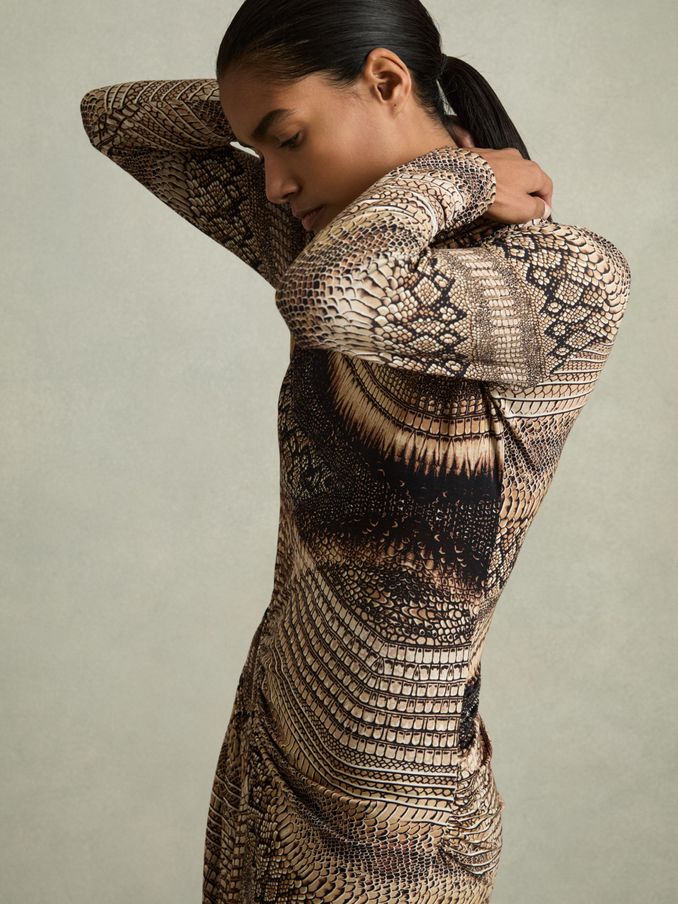 Snake-Print Draped Midi Dress in Brown (AT0658) | £68