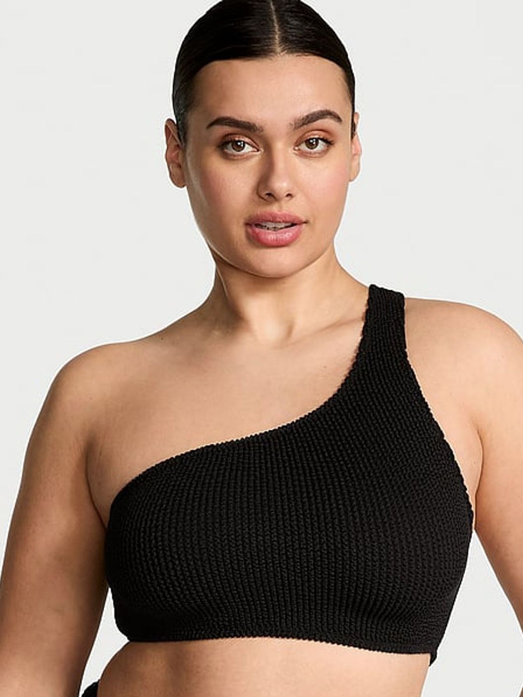 Black One Shoulder Crinkle Bikini Top (AT0923) | £35