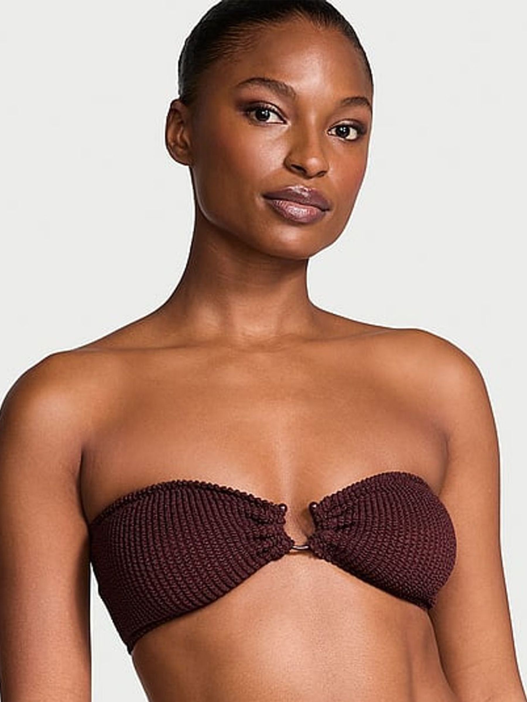 Burgundy Brown Strapless Crinkle U-Ring Bandeau Bikini Top (AT0934) | £45