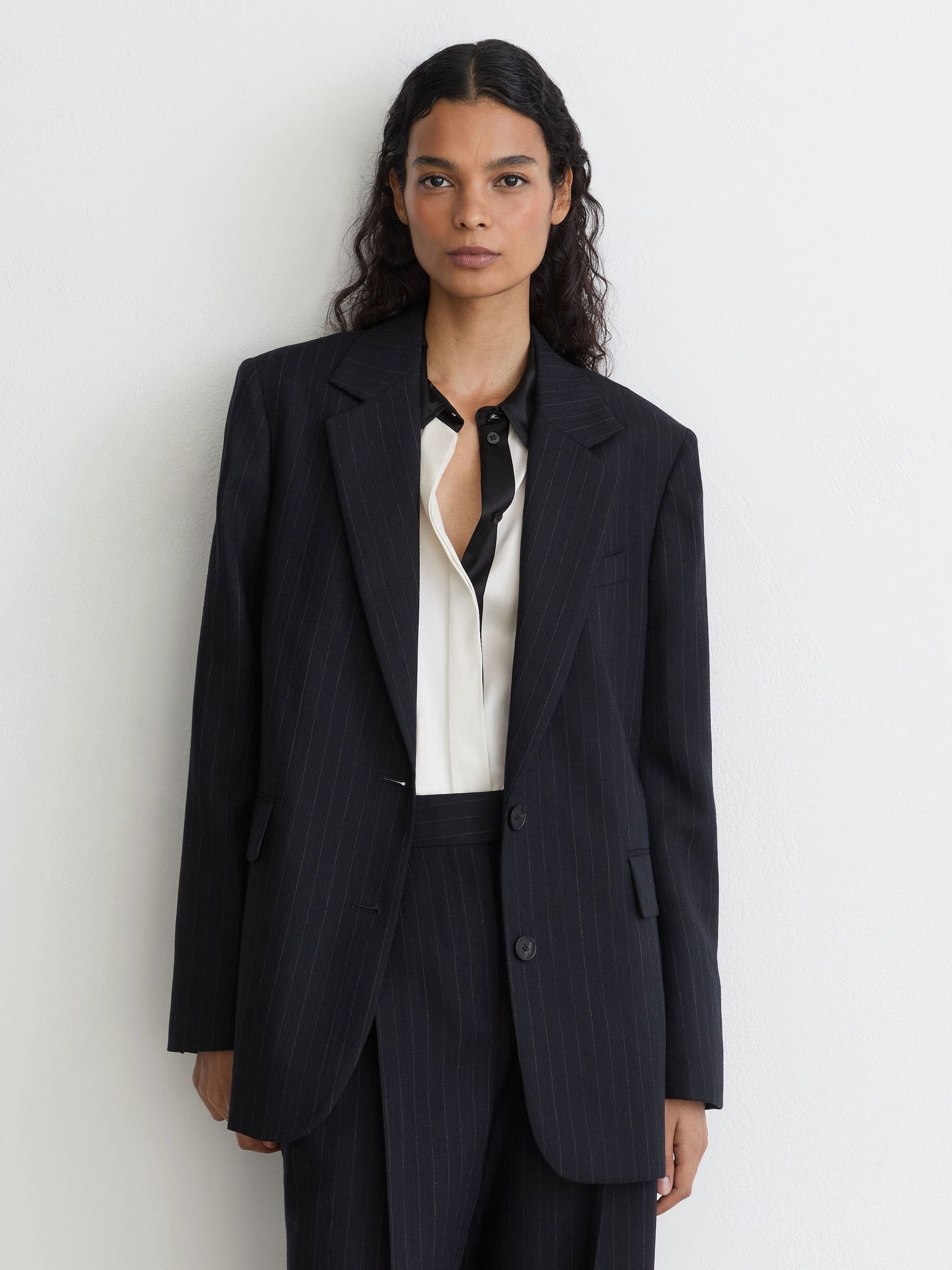 Navy - Wool Pinstripe Single-breasted Suit Blazer Relaxed-fit