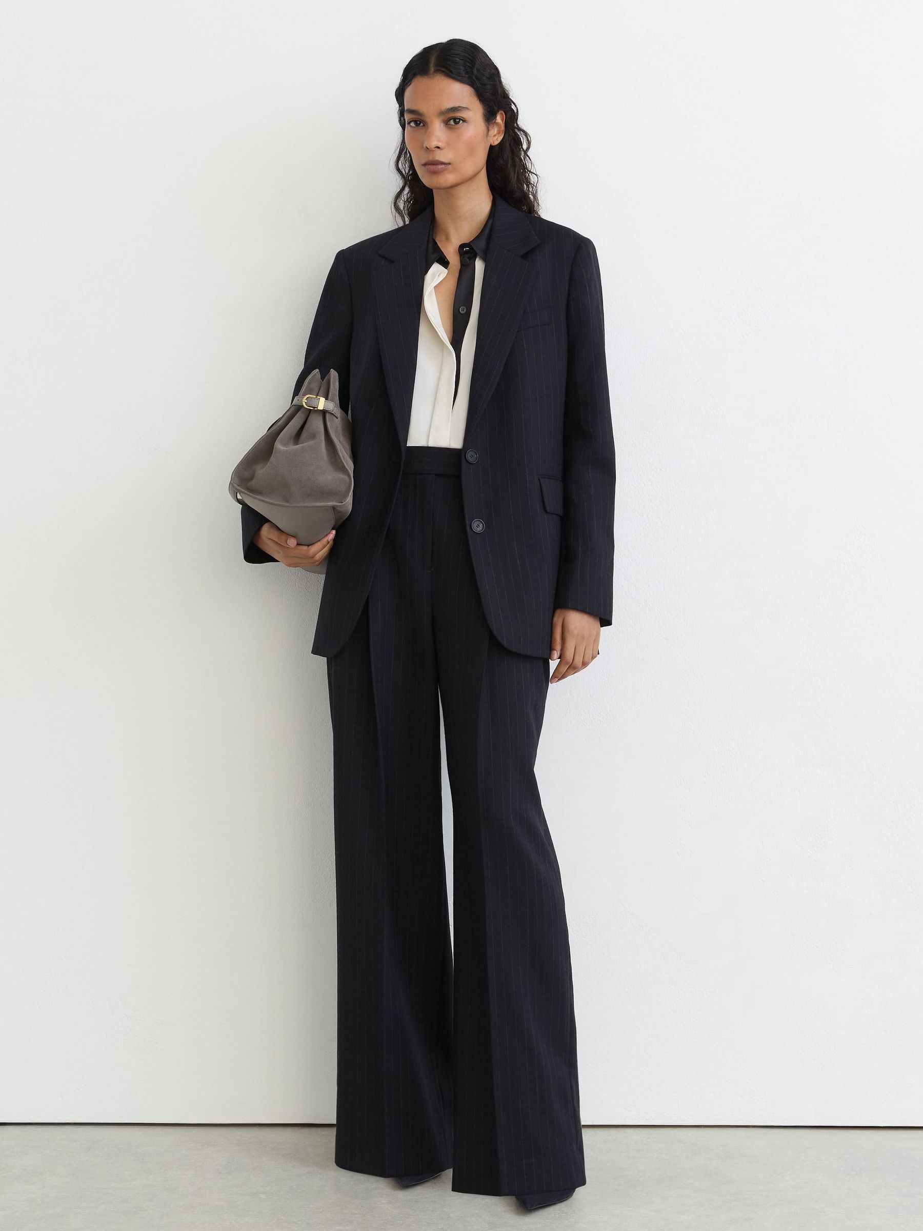Navy - Wool Pinstripe Single-breasted Suit Blazer Relaxed-fit