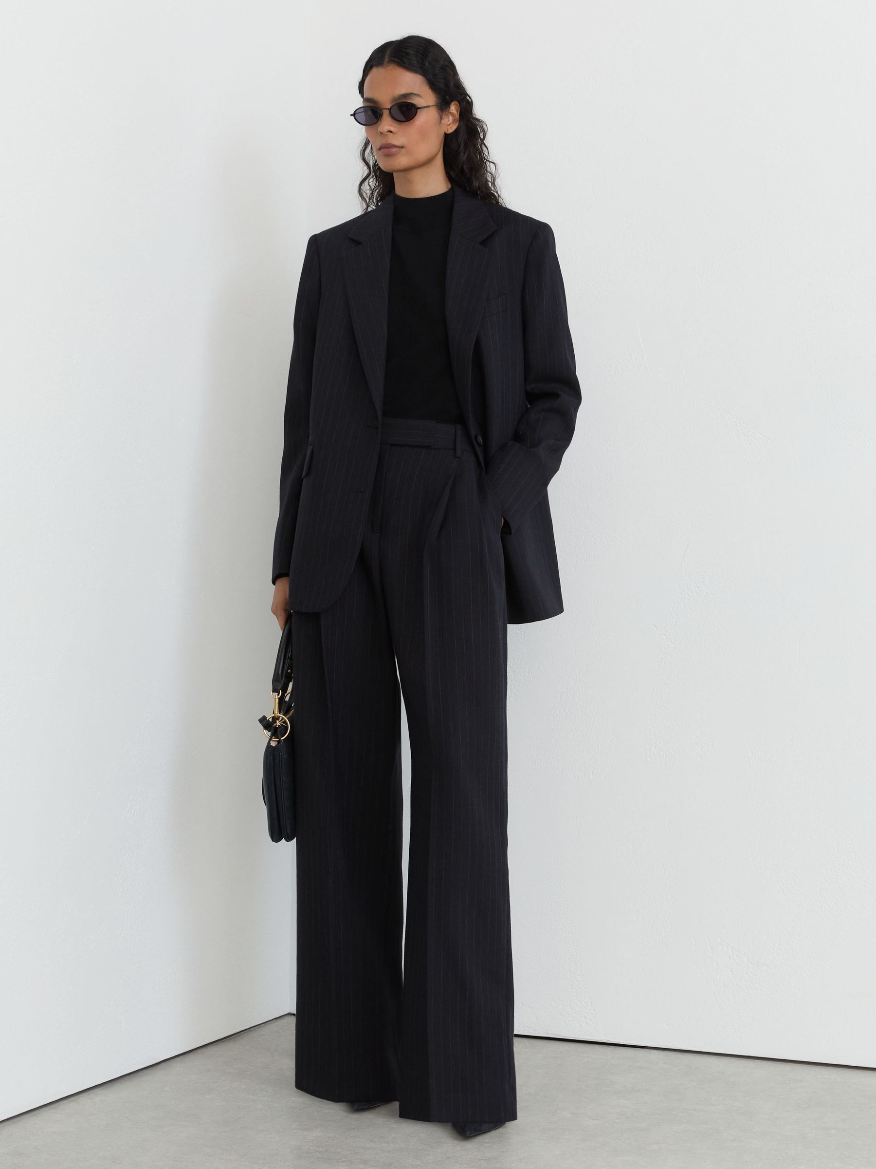 Navy - Wool Pinstripe Wide-leg Suit Trousers