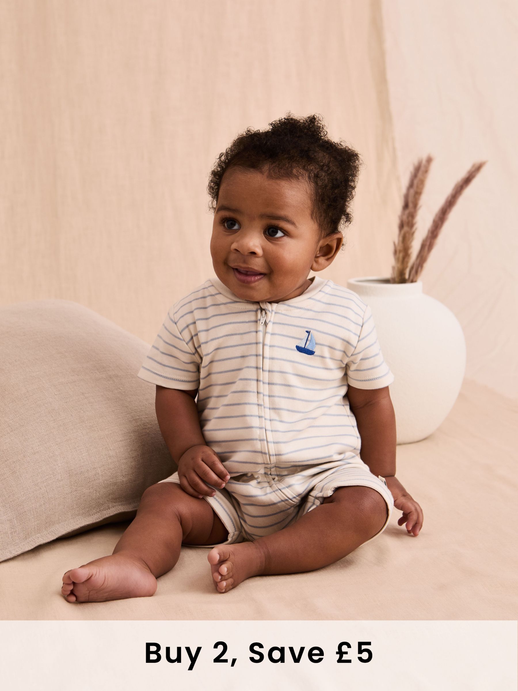 Cream Cotton Short-Sleeved Stripe Romper (AT1976) | £16