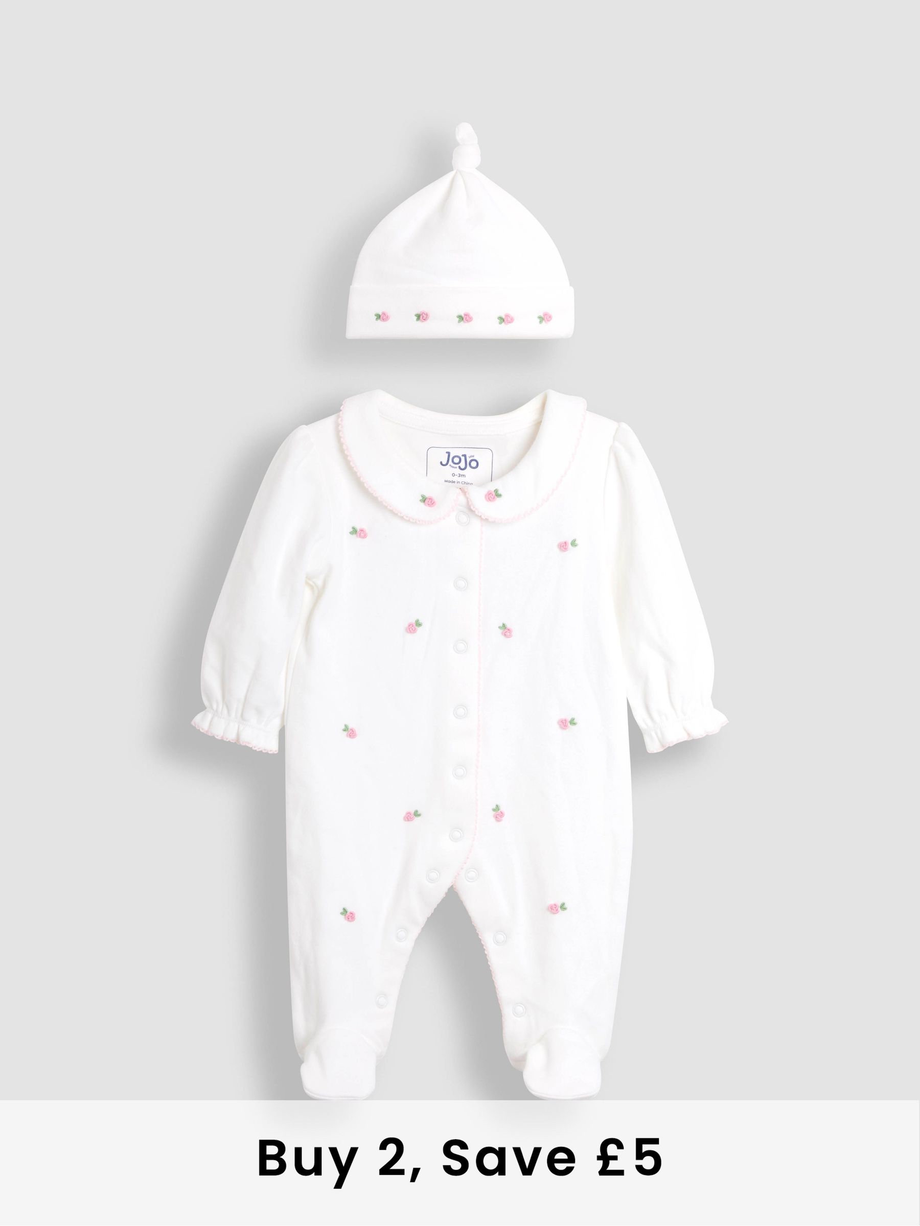 Cream Cotton Collared 2-Piece Embroidered Sleepsuit and Hat Set (AT2034) | £26