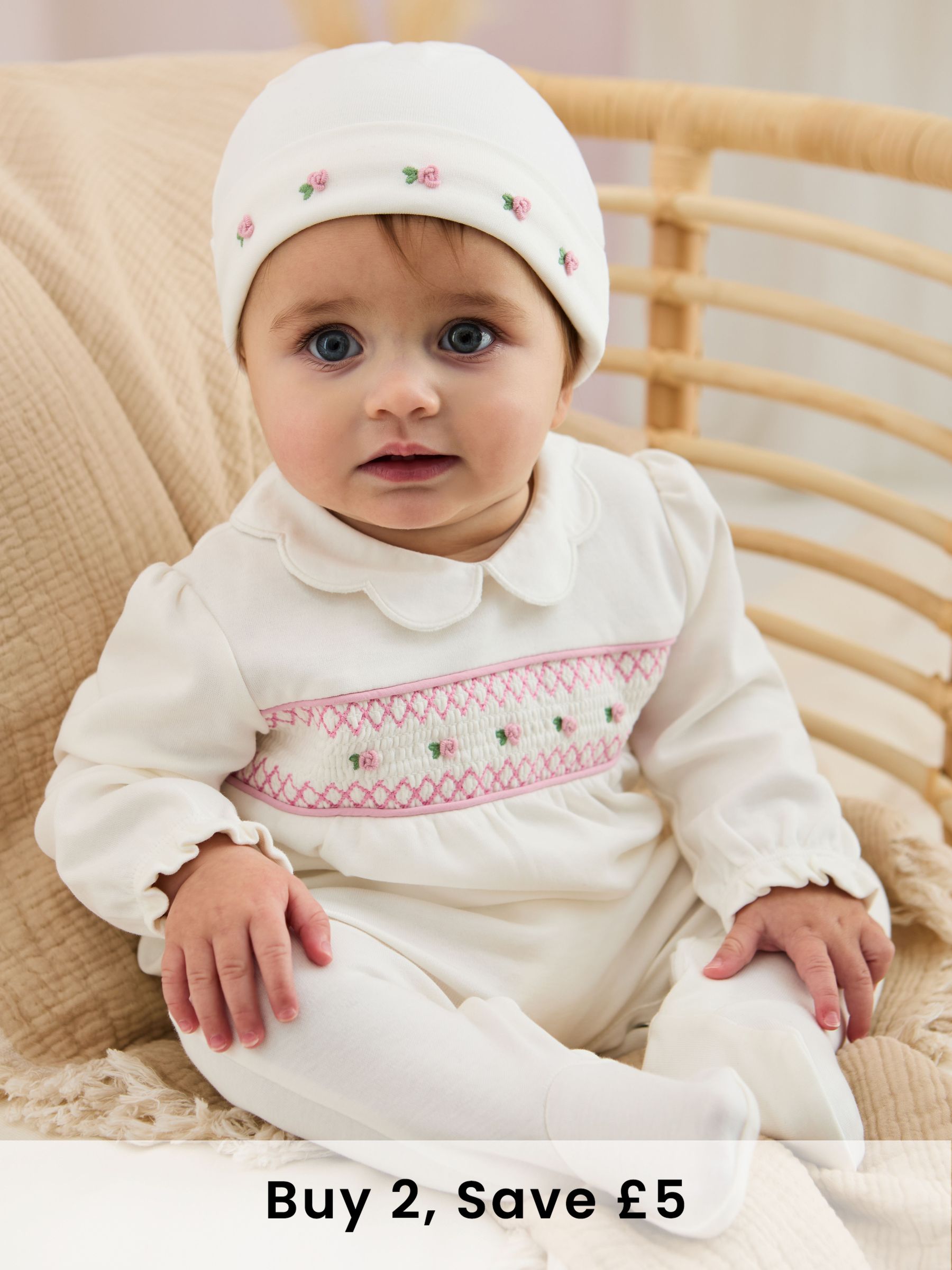 Cream 100% Cotton Smocked Sleepsuit and Hat Set 2 Piece (AT2043) | £26