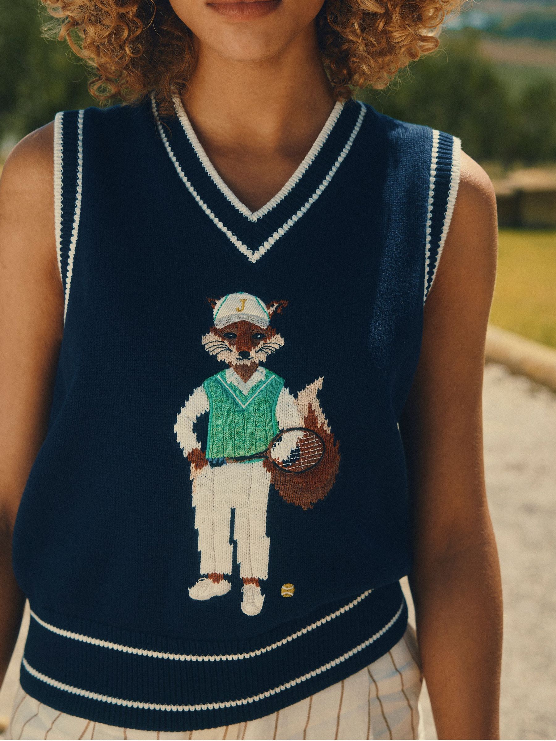 Jonty Navy Intarsia Fox Knitted Cotton Vest (AT2716) | £60