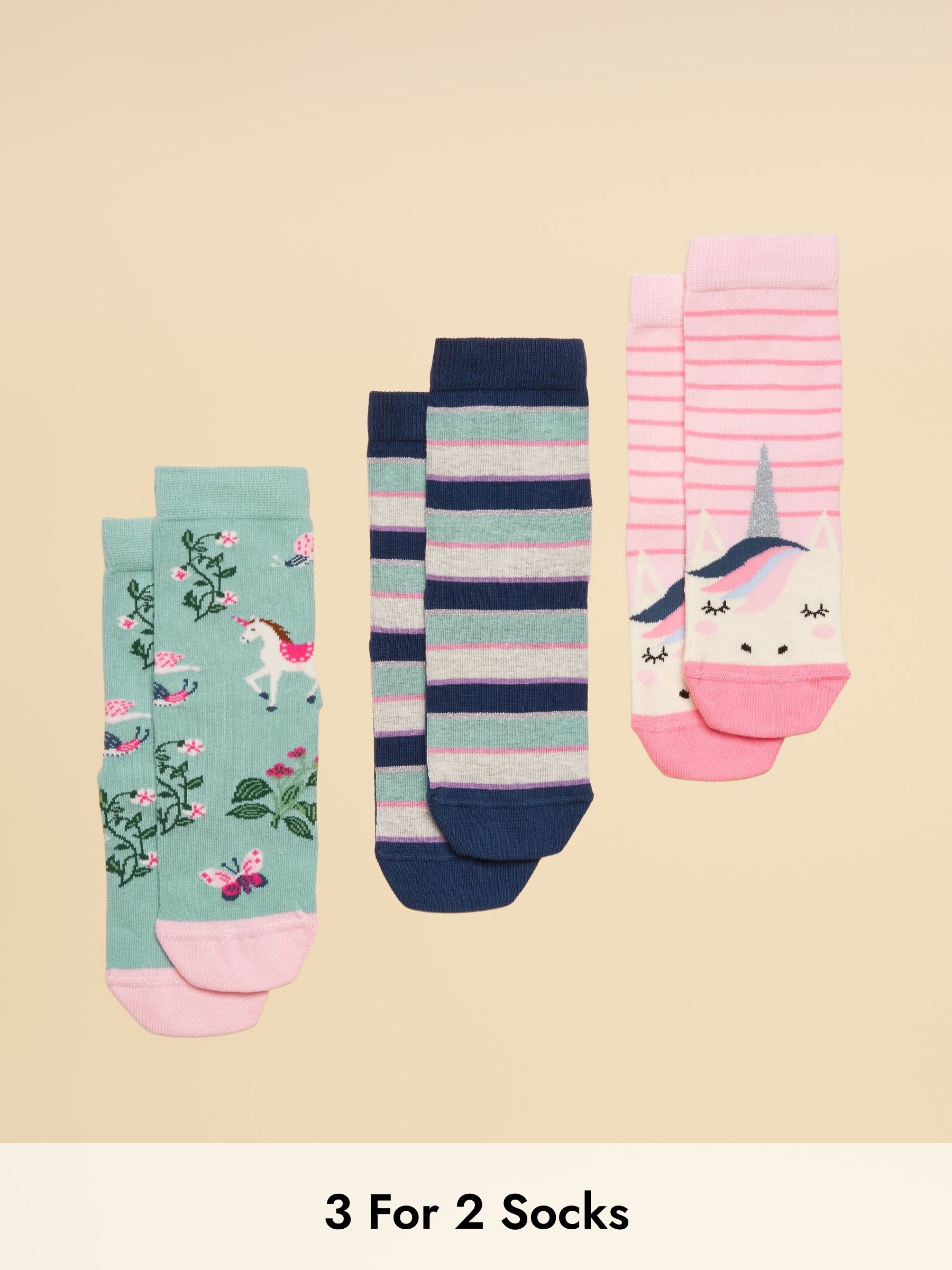 Kids' Neat Feet Pink & Blue Unicorn Socks 3 Pack (AT2743) | £11.95