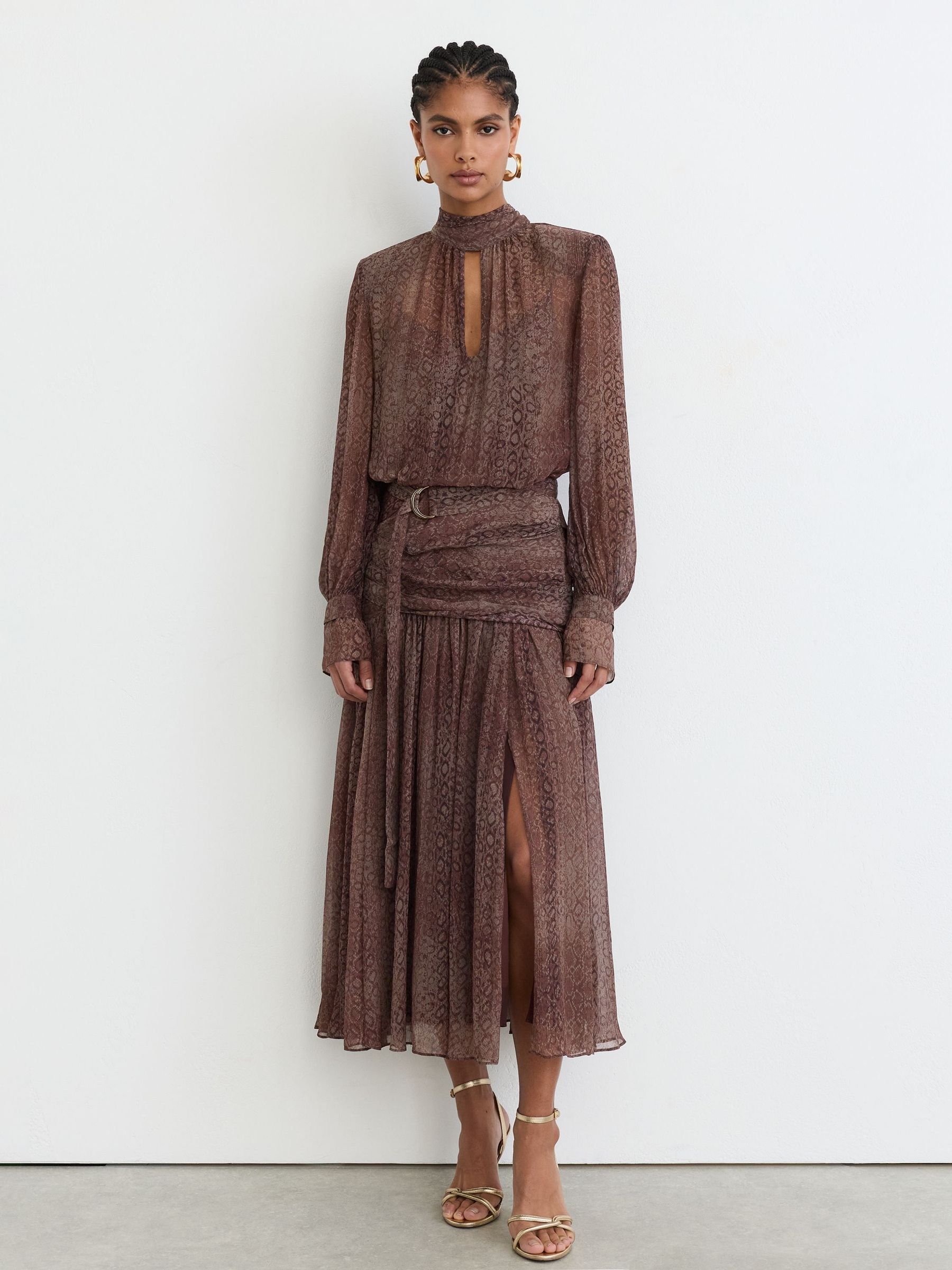 Grape Burgundy - Snake-print Belted Long-sleeve Midi Dress