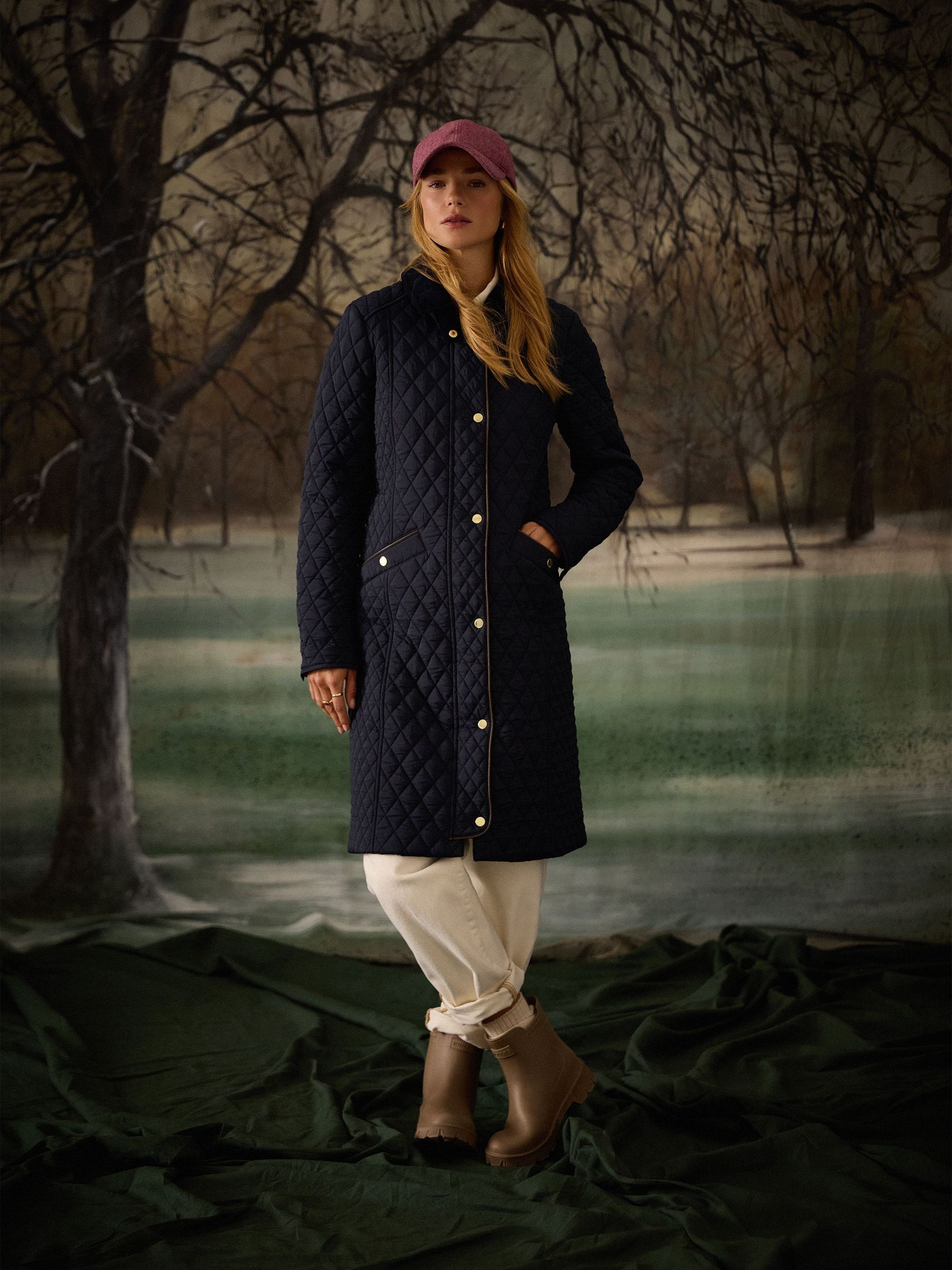 Rosewell Navy Longline Diamond Quilted Showerproof Coat with Collar (AT3789) | £139