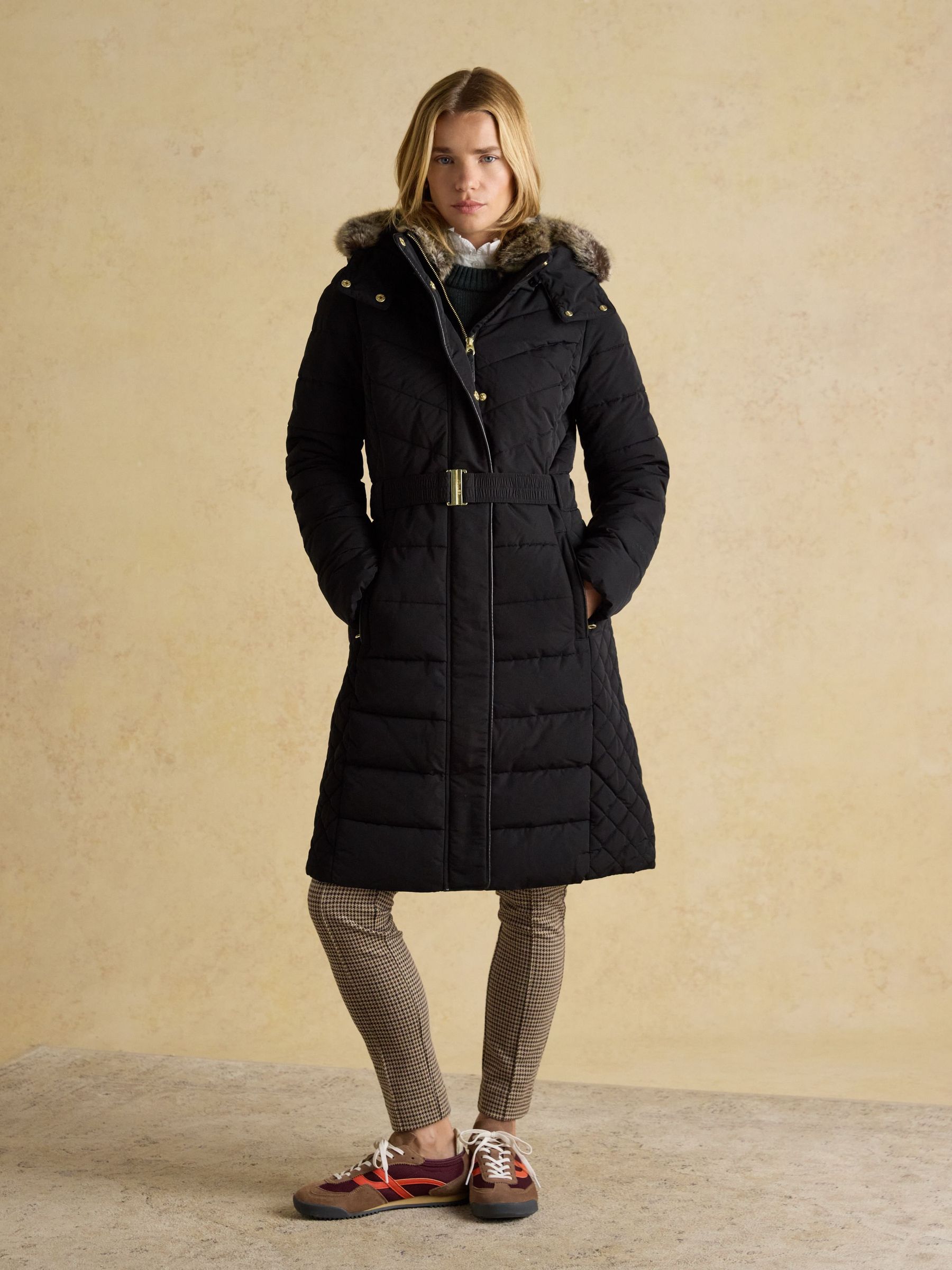 Aspen Black Showerproof Longline Padded Coat with Faux Fur Hood (AT3913) | £199