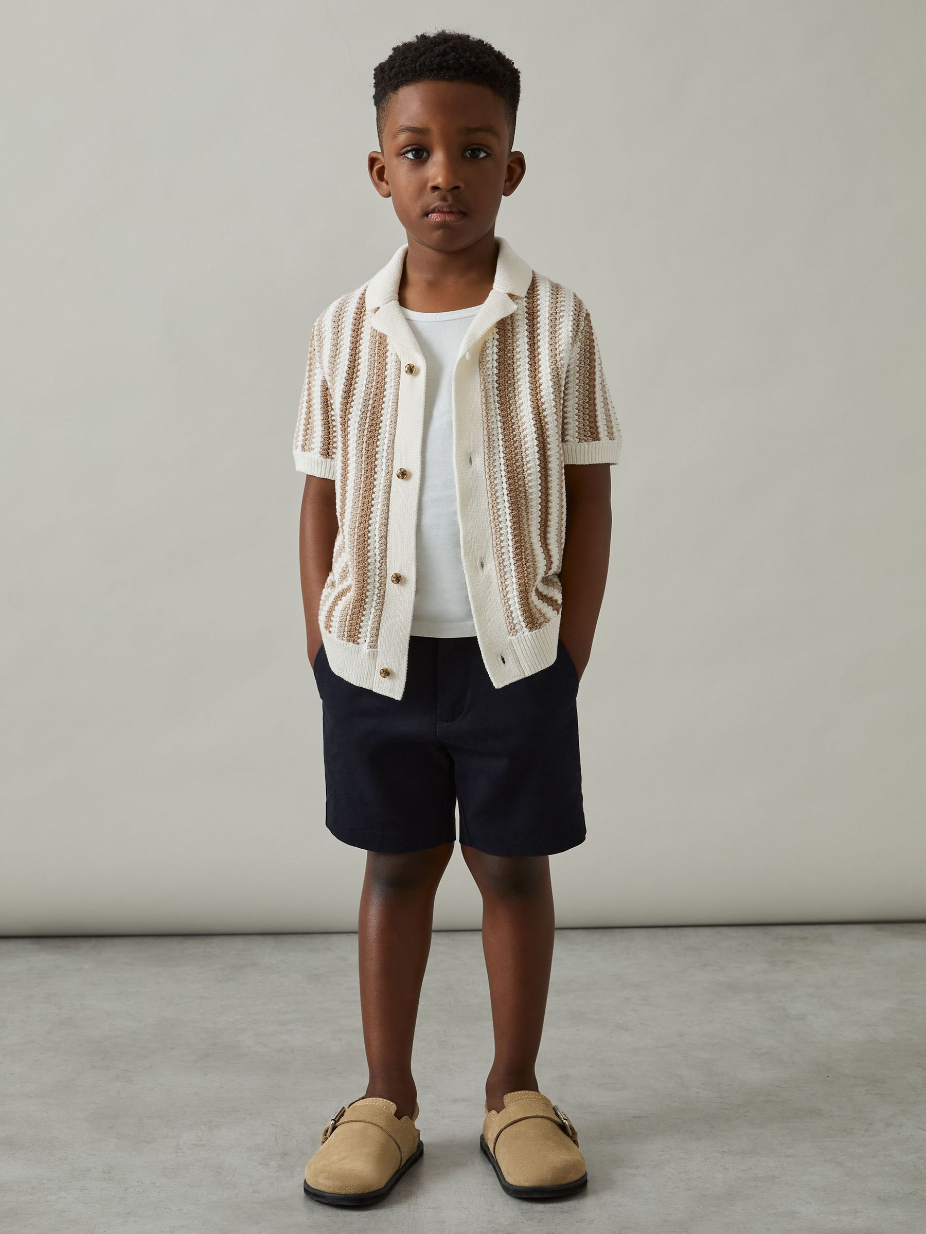 3-9 yrs Cotton Crochet Stripe Cuban Shirt in Natural (AT5426) | £42