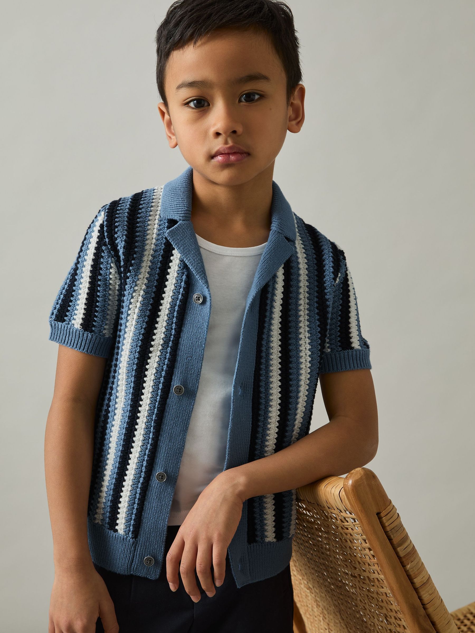 9-13 yrs Cotton Crochet Stripe Cuban Shirt in Airforce Blue (AT5438) | £46