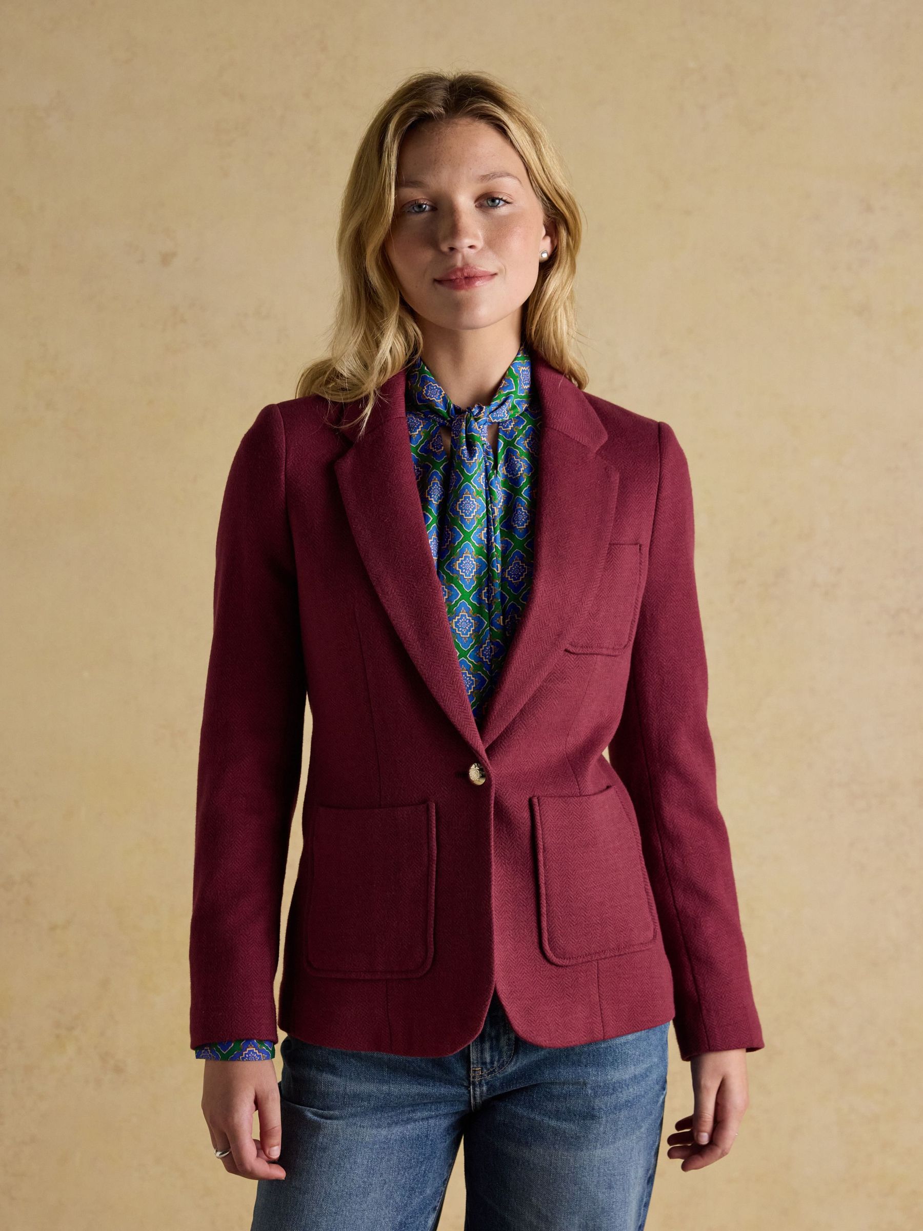 Albury Burgundy Red Herringbone Jersey Tweed Blazer