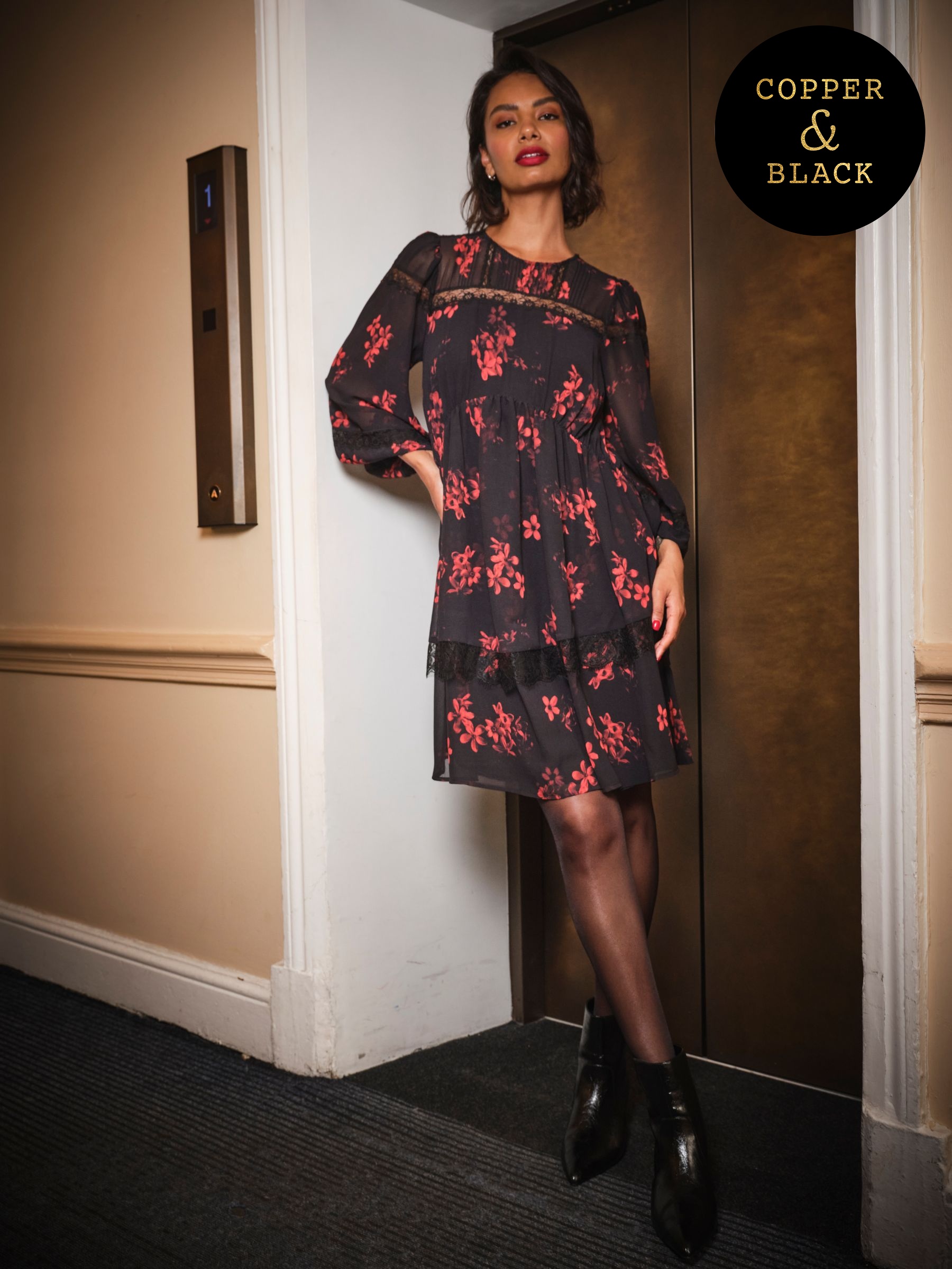 Romy Black Floral Regular Dress (AT6775) | £79