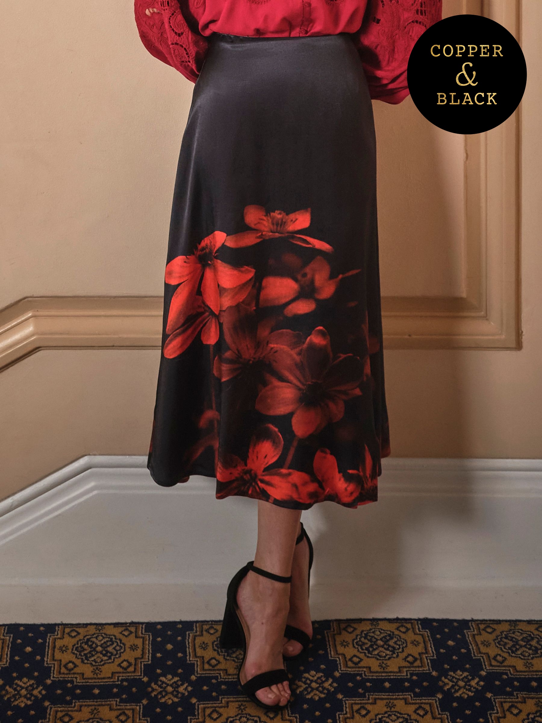 Joelle Black Floral Midi Skirt (AT6777) | £79
