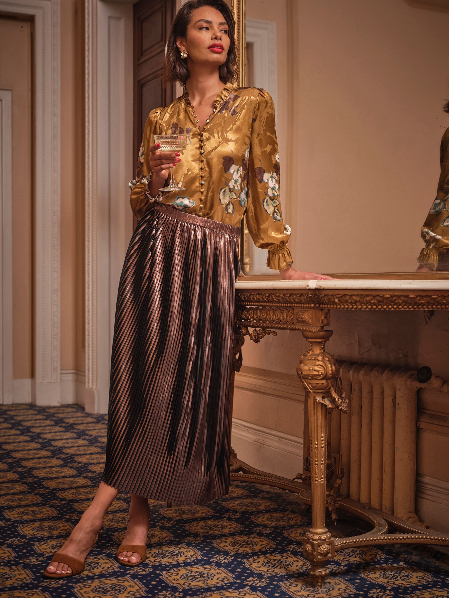 Talia Bronze Metallic Pleated Midi Skirt (AT6784) | £75