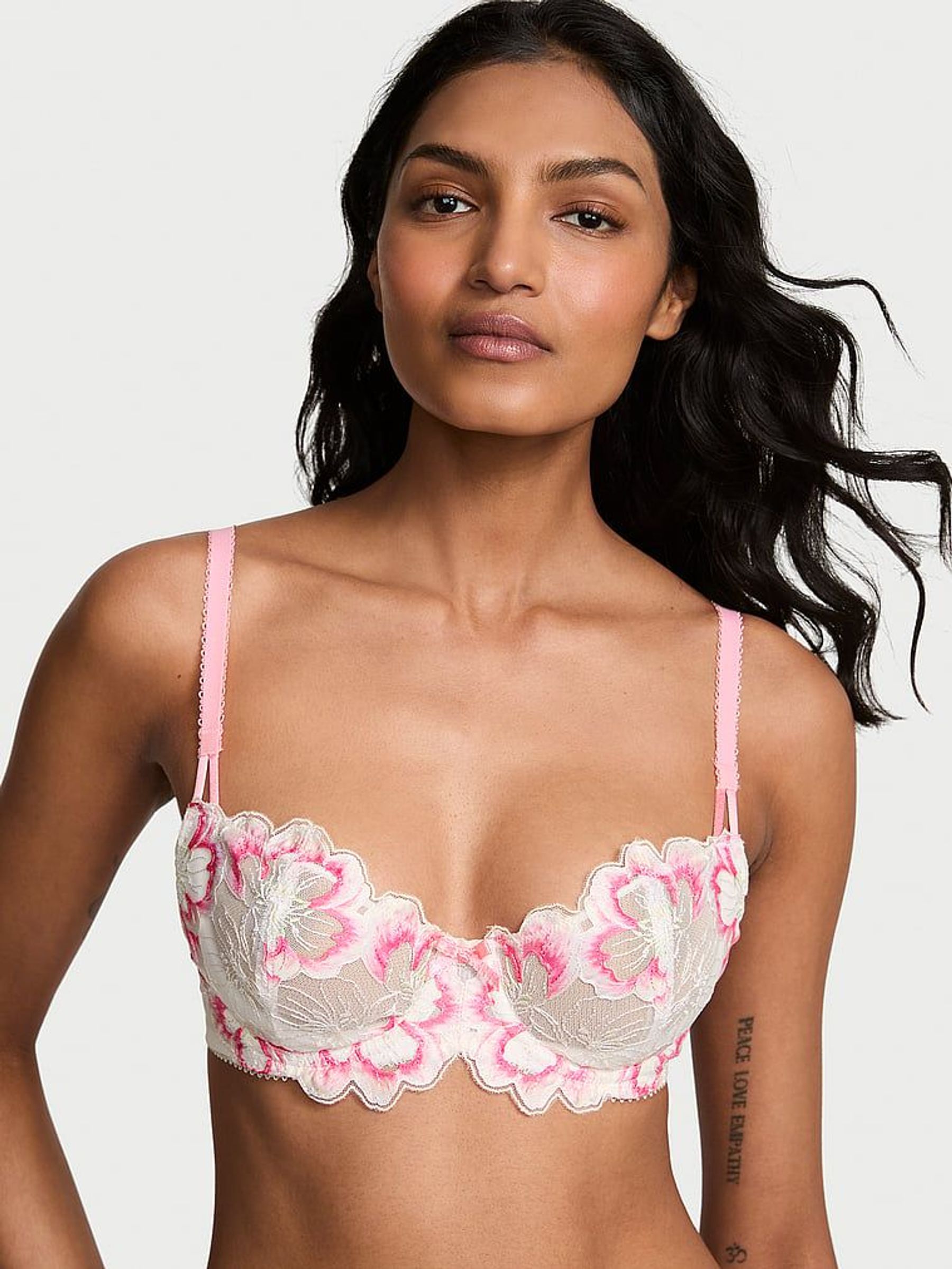 Pink & White Unlined Balcony Peony Embroidery Bra (AT6816) | £59