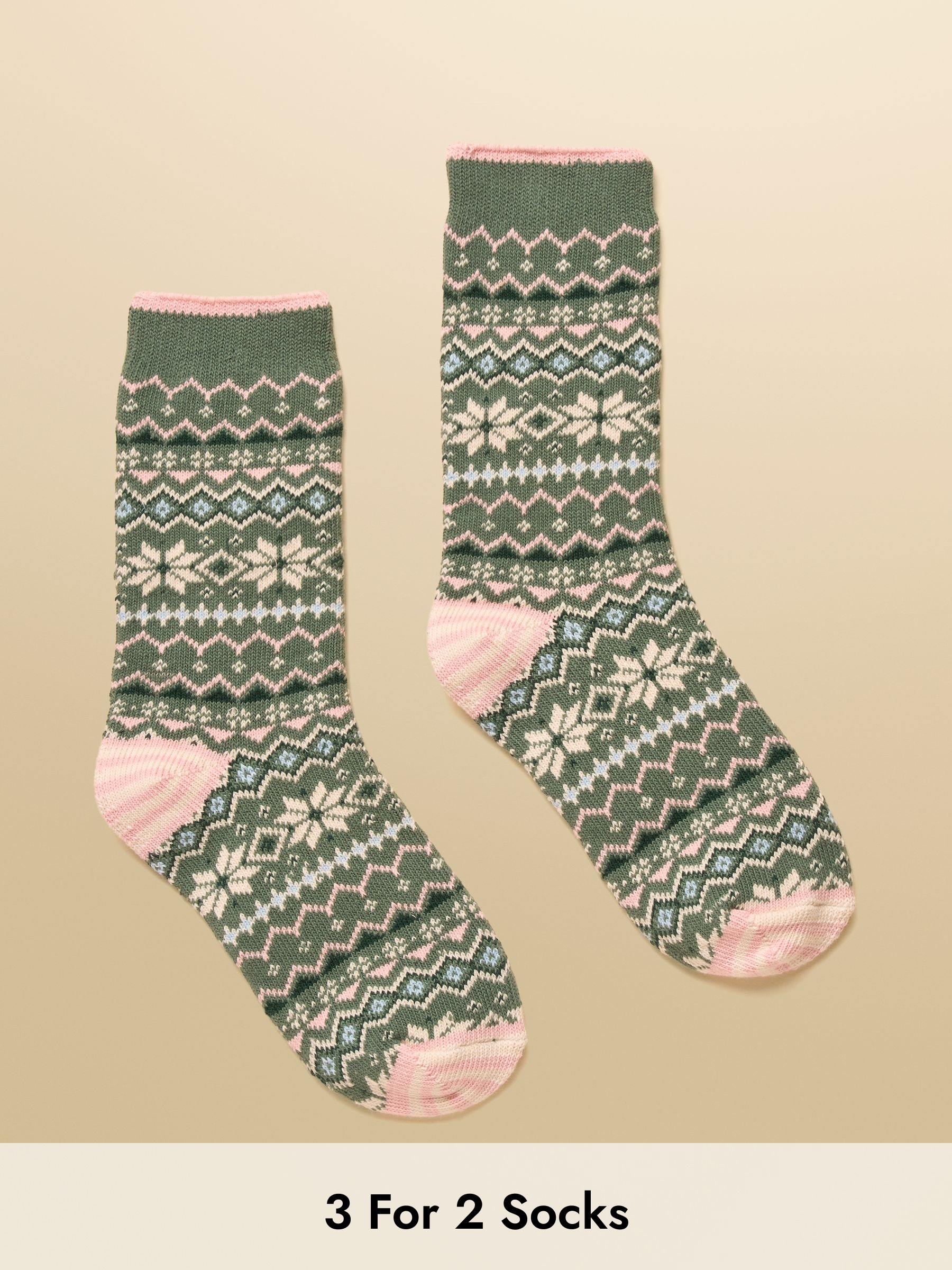 Women's Lucille Green & Pink Fair Isle Cotton Blend Socks (size 4-8) (AT6928) | £9.95