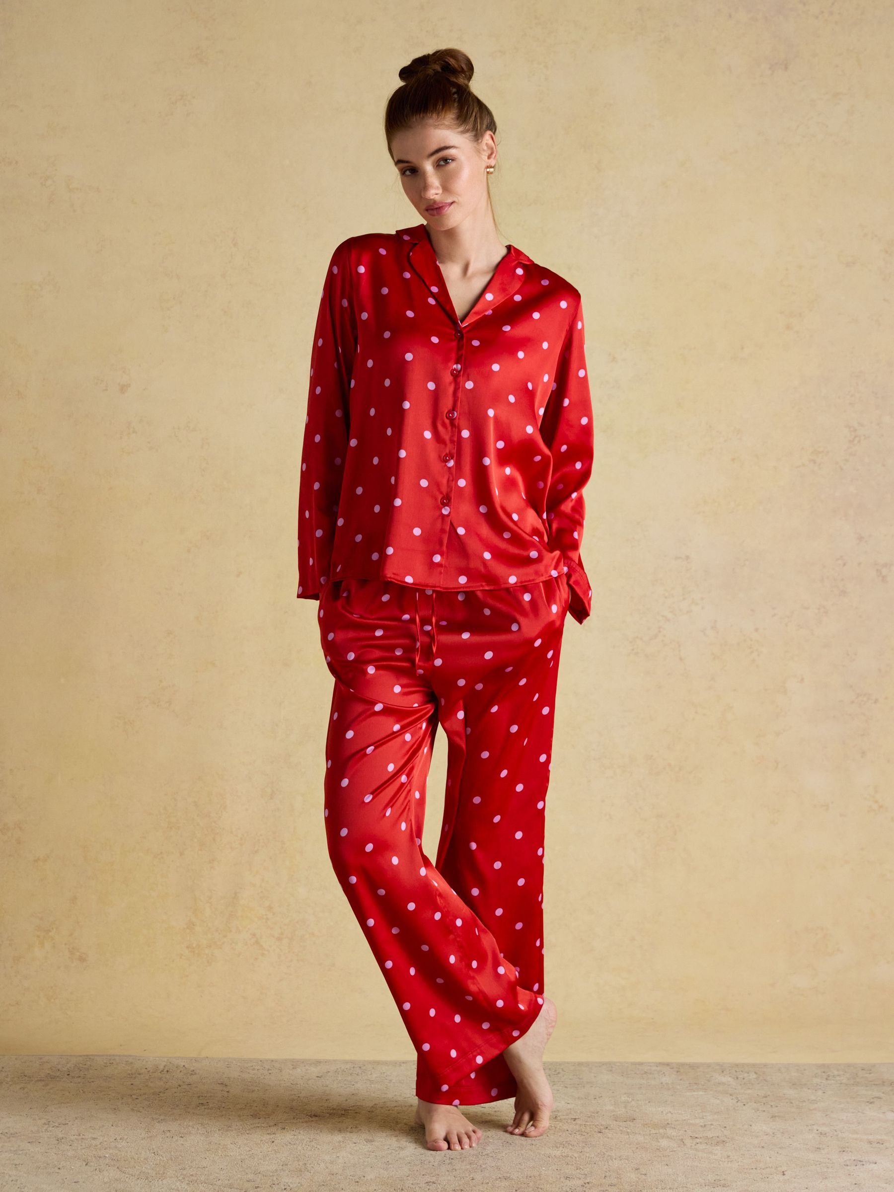 Bonnie Red & Pink Spot Satin Long Sleeve Pyjama Set (AT7637) | £44