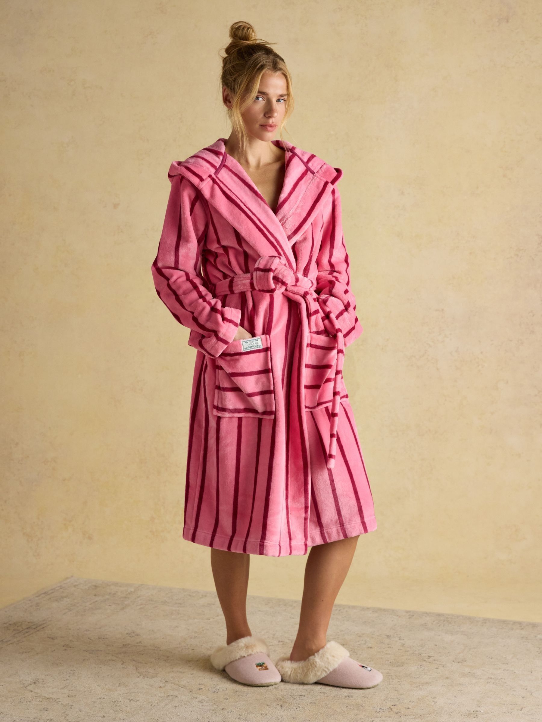 Luna Pink Stripe Fleece Dressing Gown with Hood (AT7668) | £49