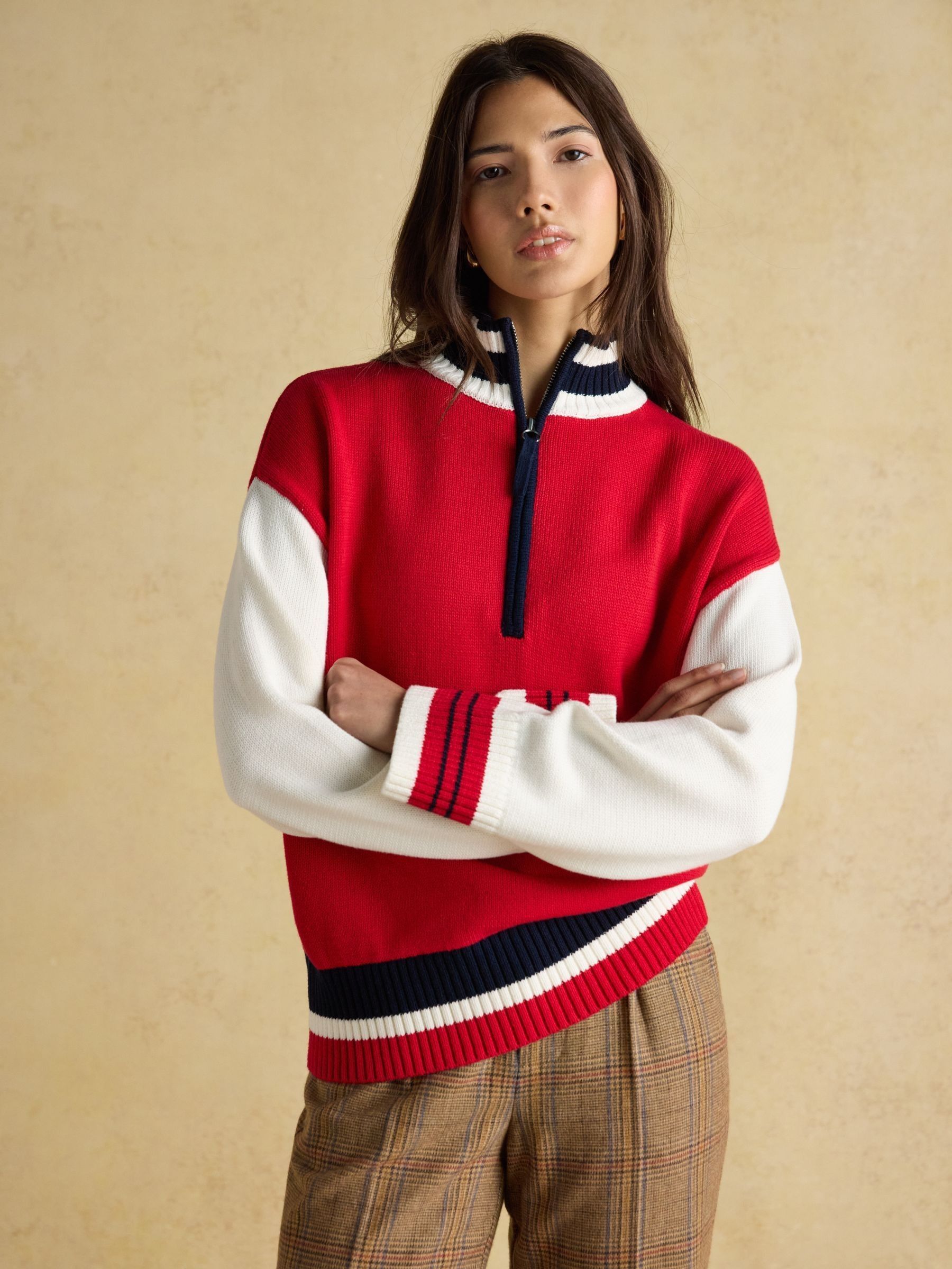 Varsity Red & Cream Colourblock Quarter Zip Cotton Jumper