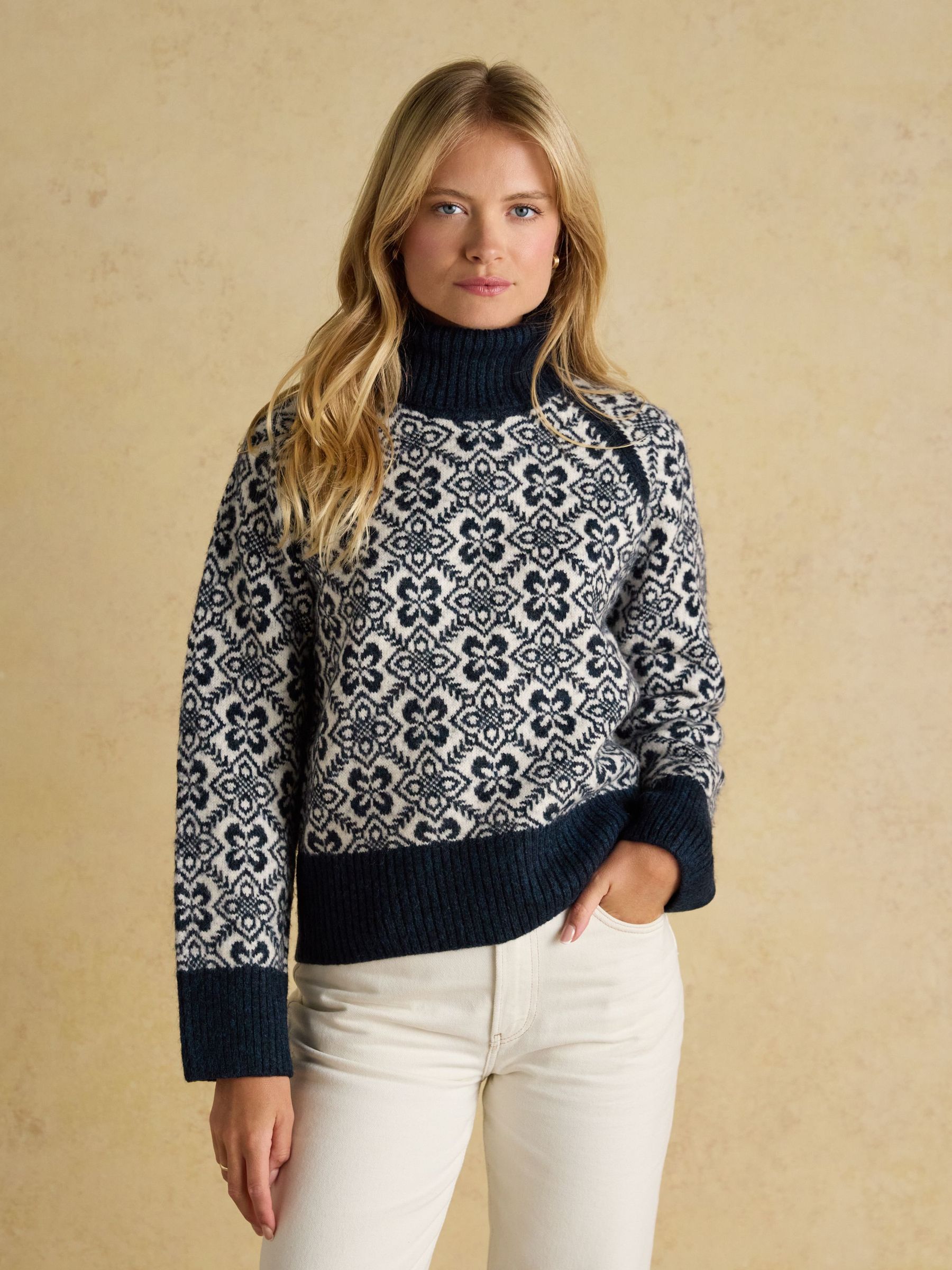 Addison Navy & Cream Patterned Knitted Jumper with Detachable Roll Neck (AT7828) | £74