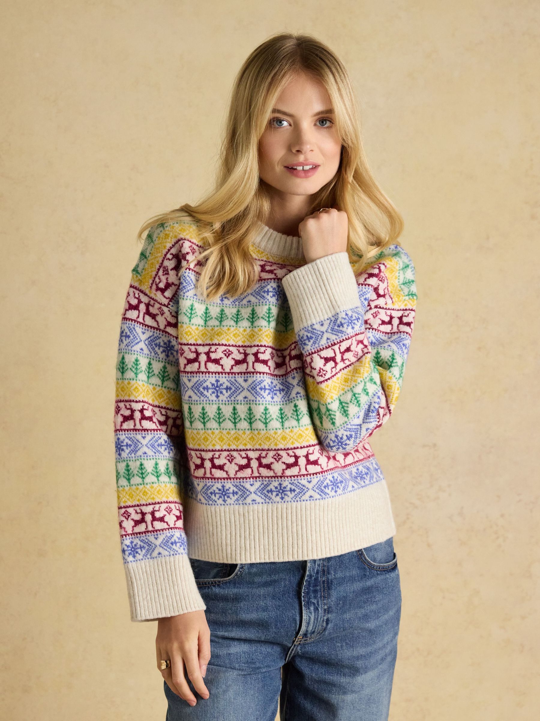 Cream Multi Festive Fair Isle Crew Neck Knitted Jumper