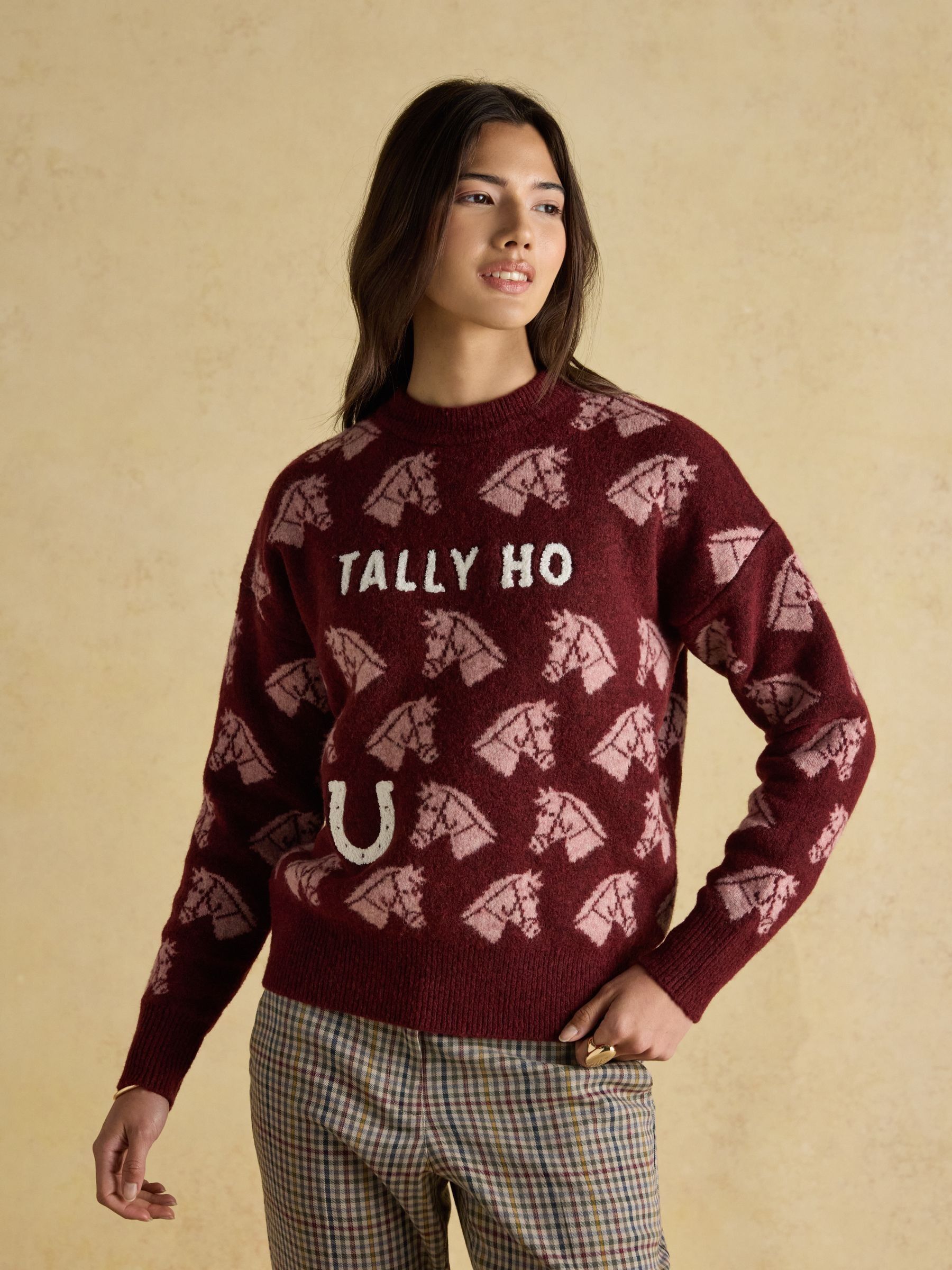 Knitted Burgundy Tally Ho Jumper with Crew Neck
