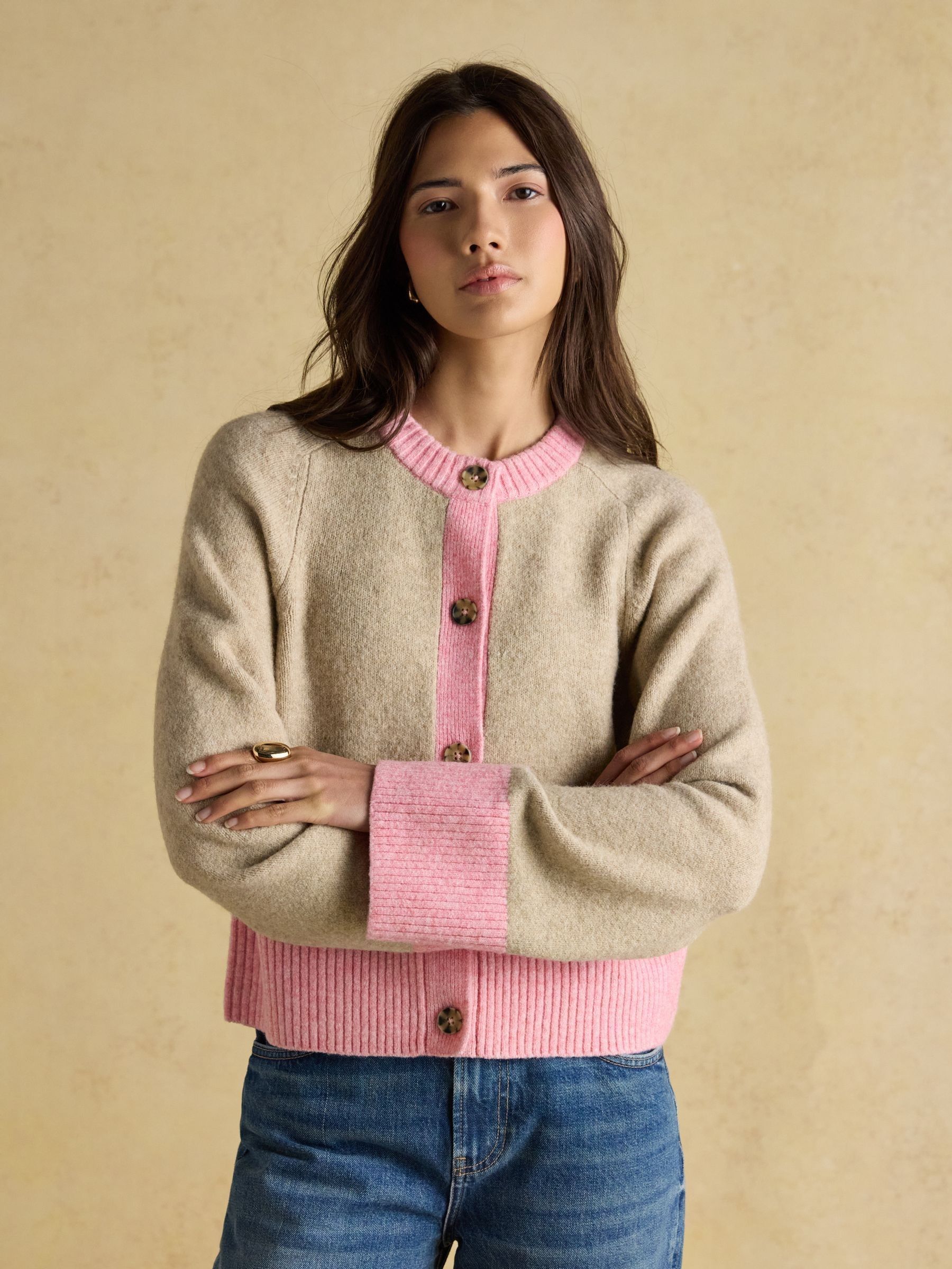 Nora Oat/Pink Knitted Round Neck Cardigan (AT7977) | £54