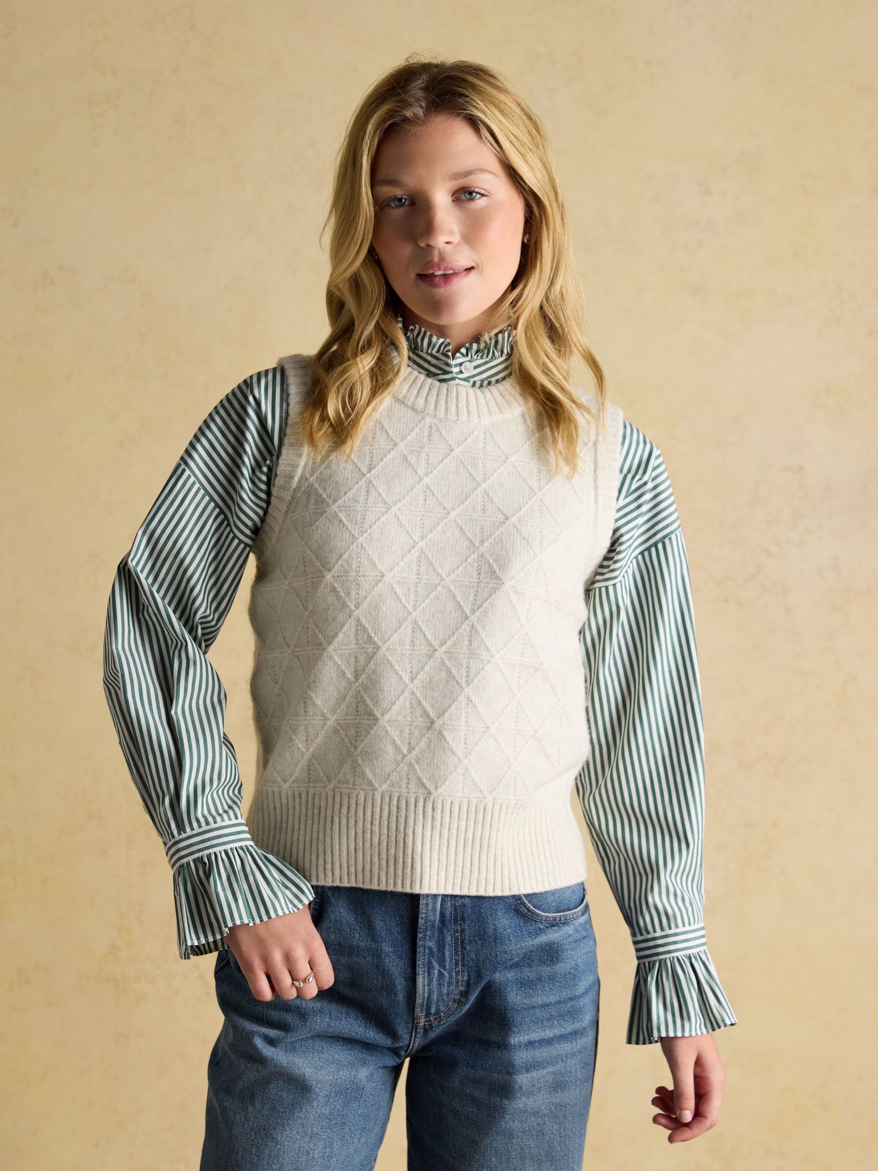 Reid Cream Textured Knitted Vest with Crew Neck