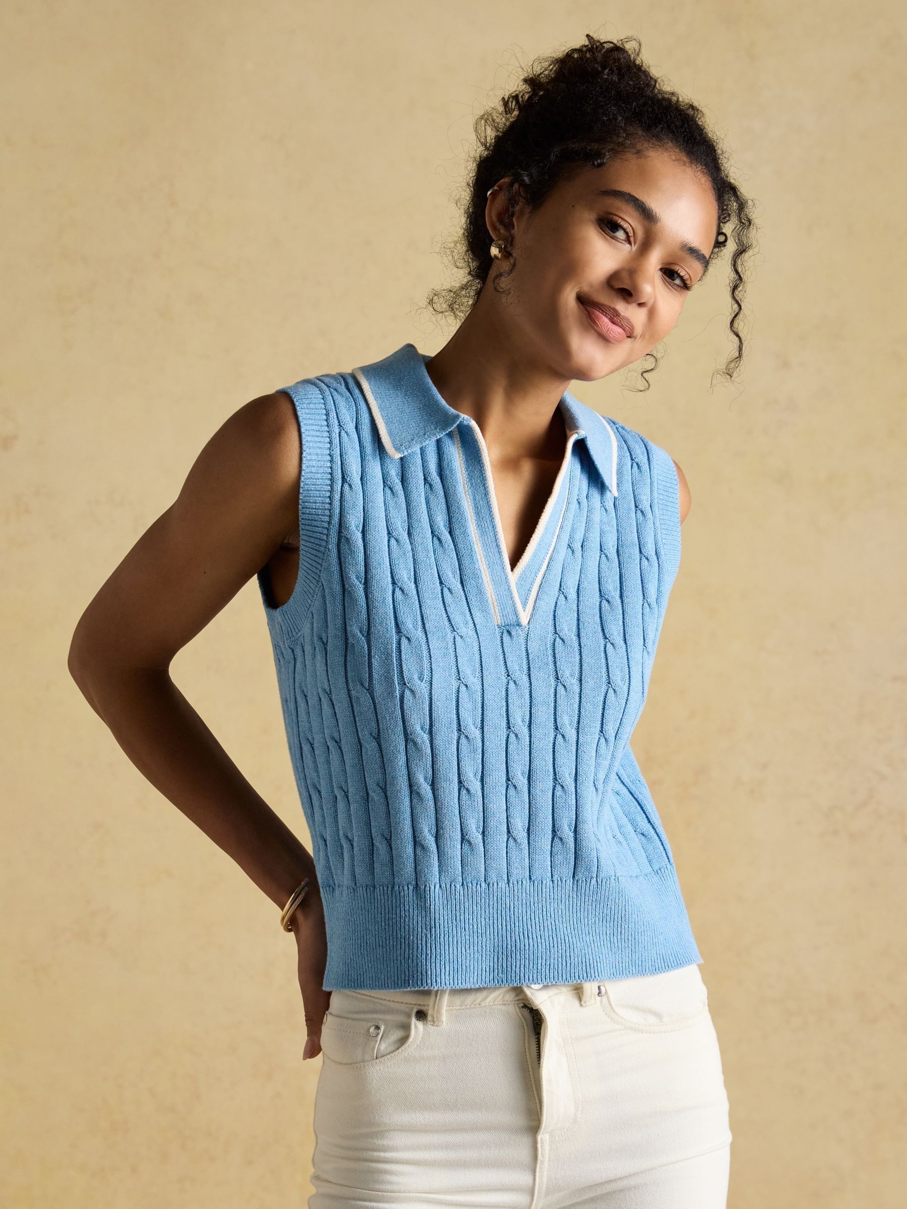 Janey Blue Cotton Collared Cable Tank