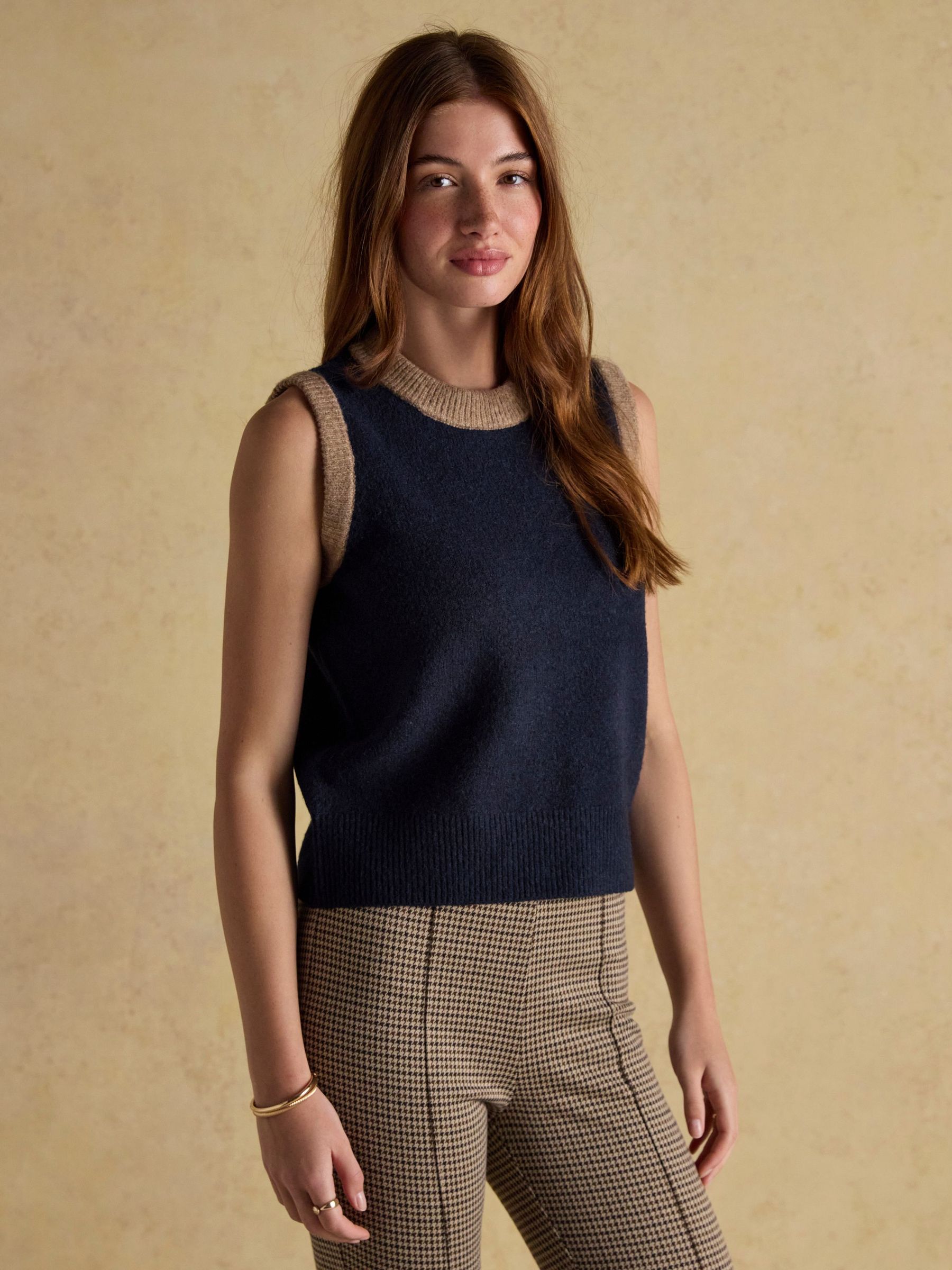 Holly Navy & Camel Knitted Crew Neck Vest
