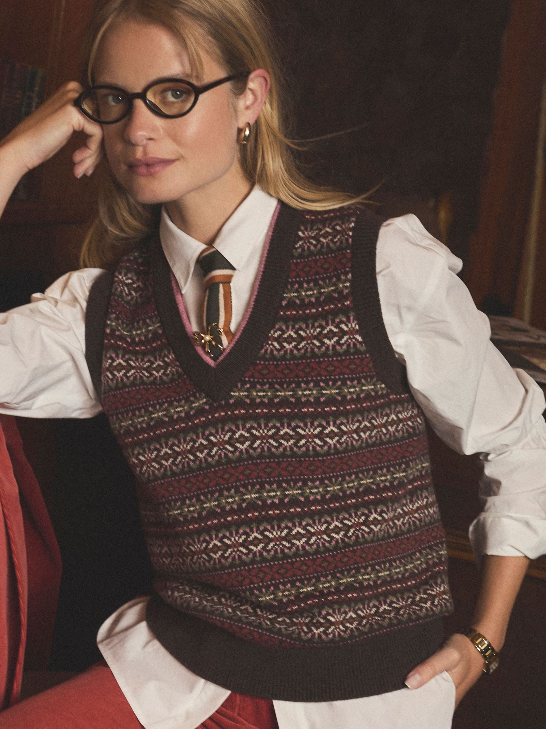 Islay Brown V Neck Fair Isle Cotton Rich Knitted Vest (AT8045) | £59