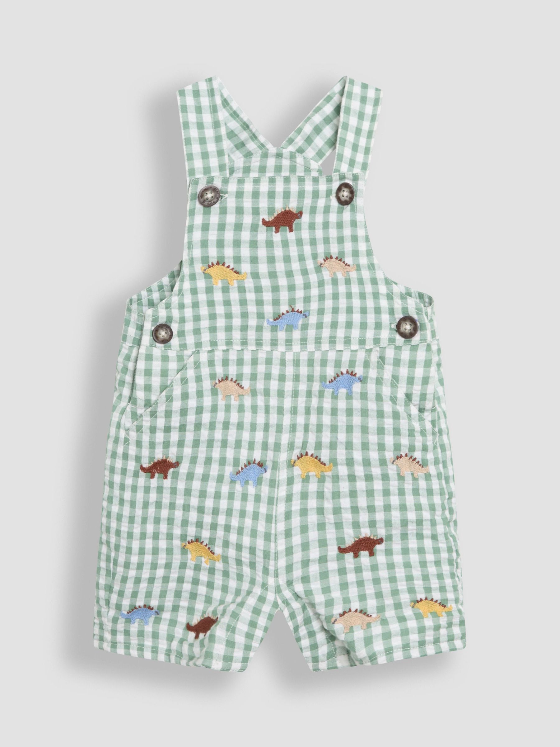 Sage Green Dino Embroidered Gingham Dungarees (AU0424) | £26 - £27