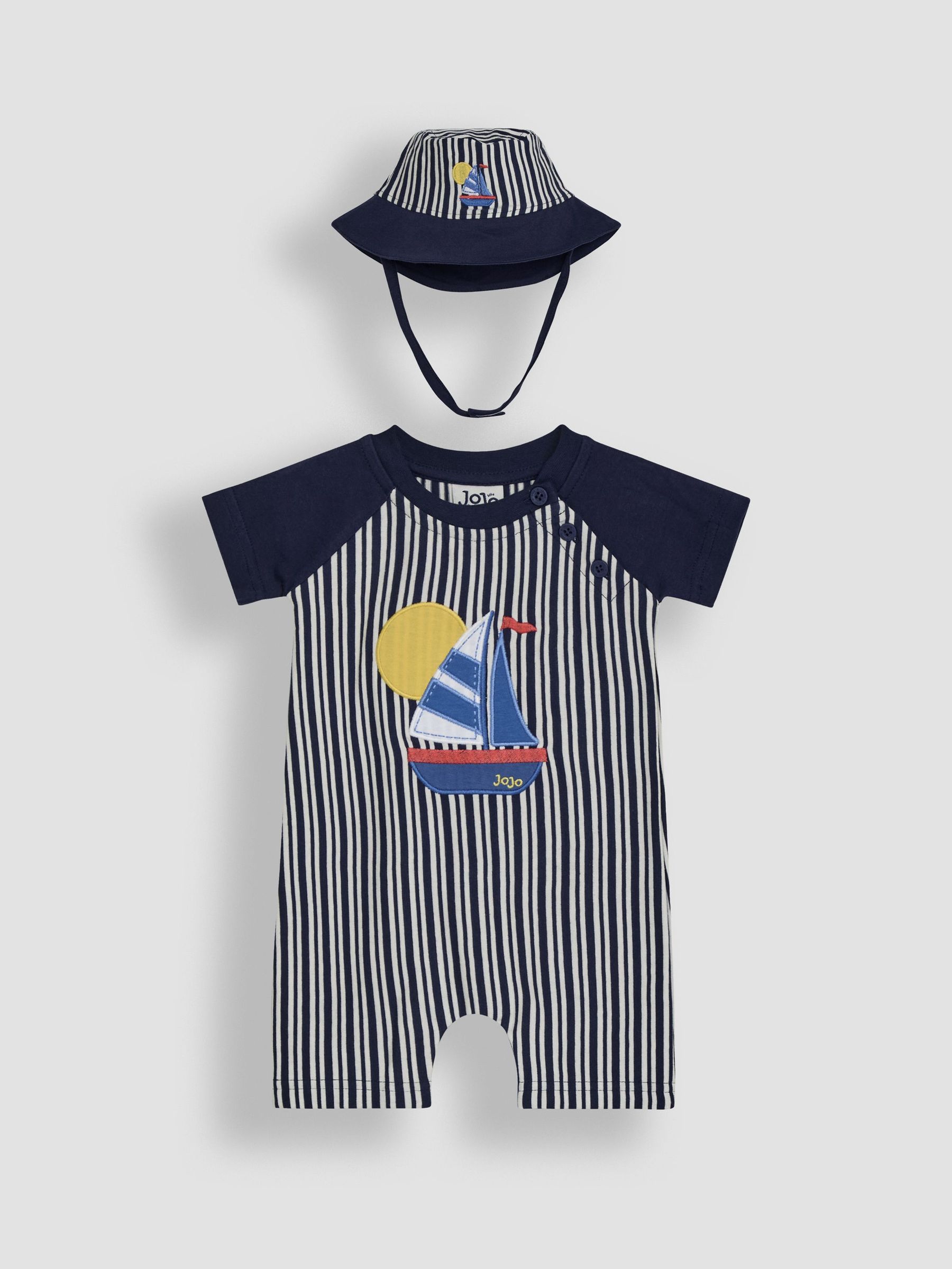 Navy Blue Boat 2-Piece Appliqué Romper & Hat Set (AU0441) | £25 - £26