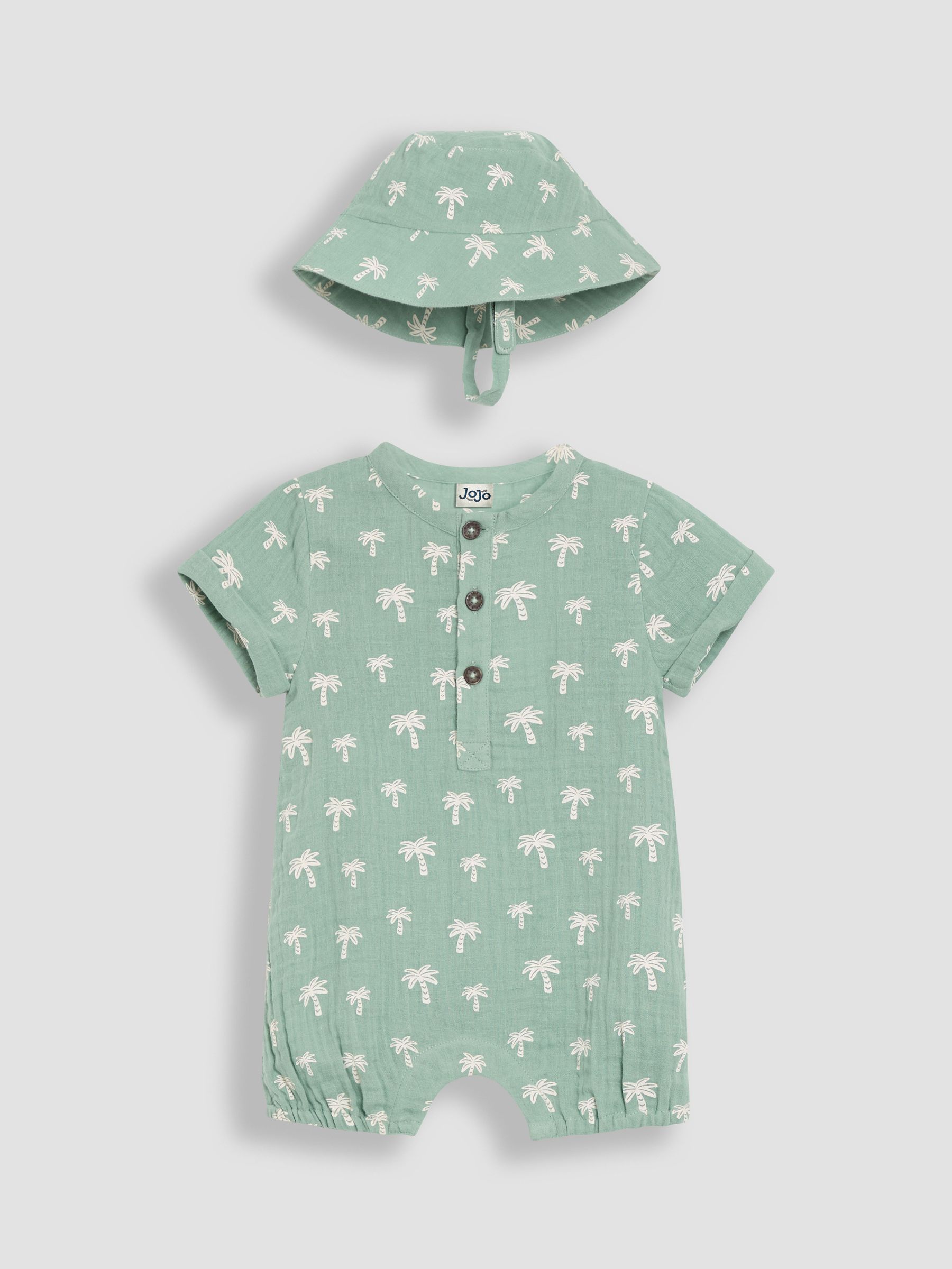 Khaki Green Palm Tree 2-Piece Cheesecloth Palm Tree Romper & Hat Set (AU0491) | £29 - £30
