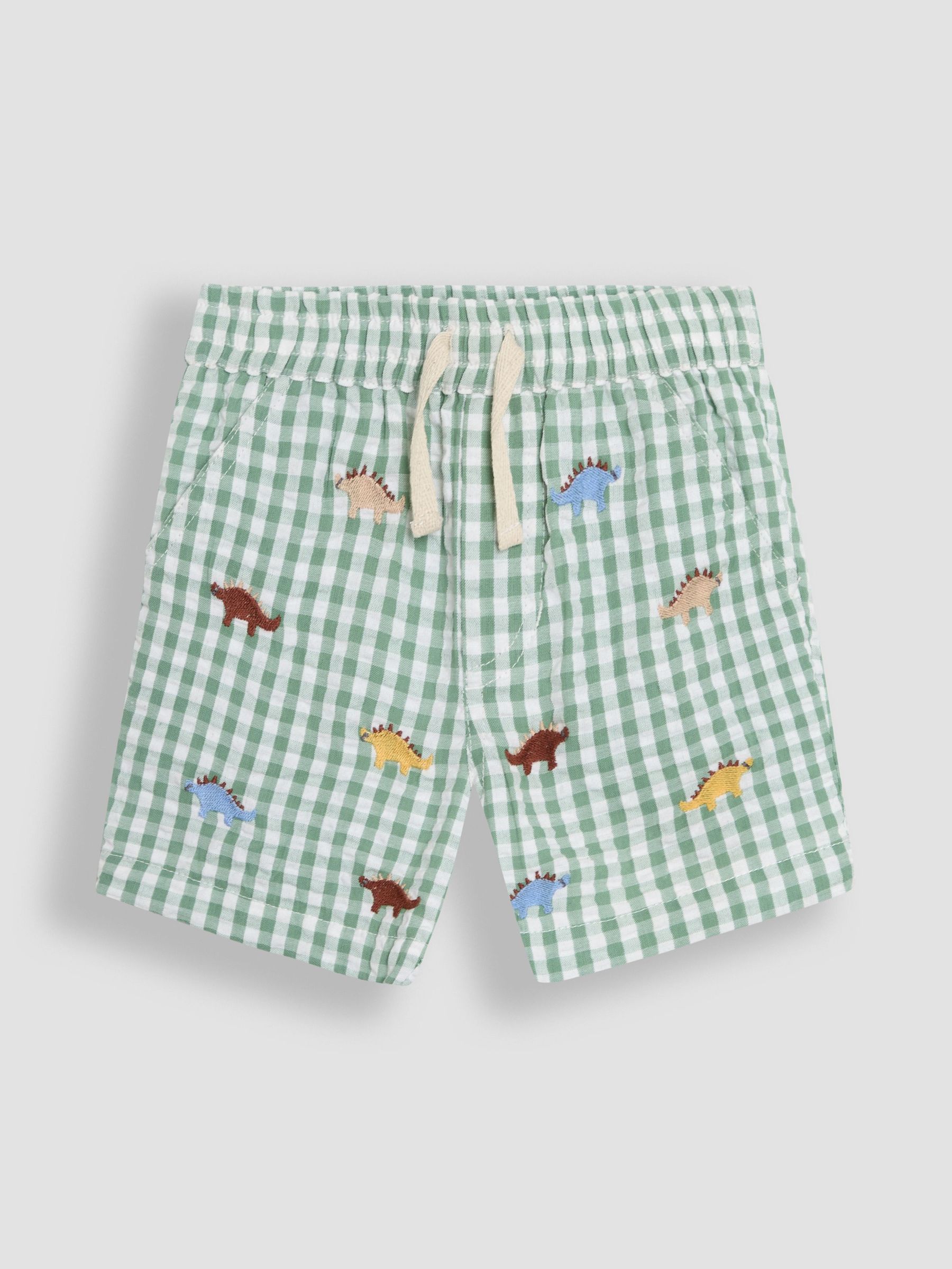 Sage Green Dino Embroidered Twill Gingham Shorts (AU0492) | £18 - £21
